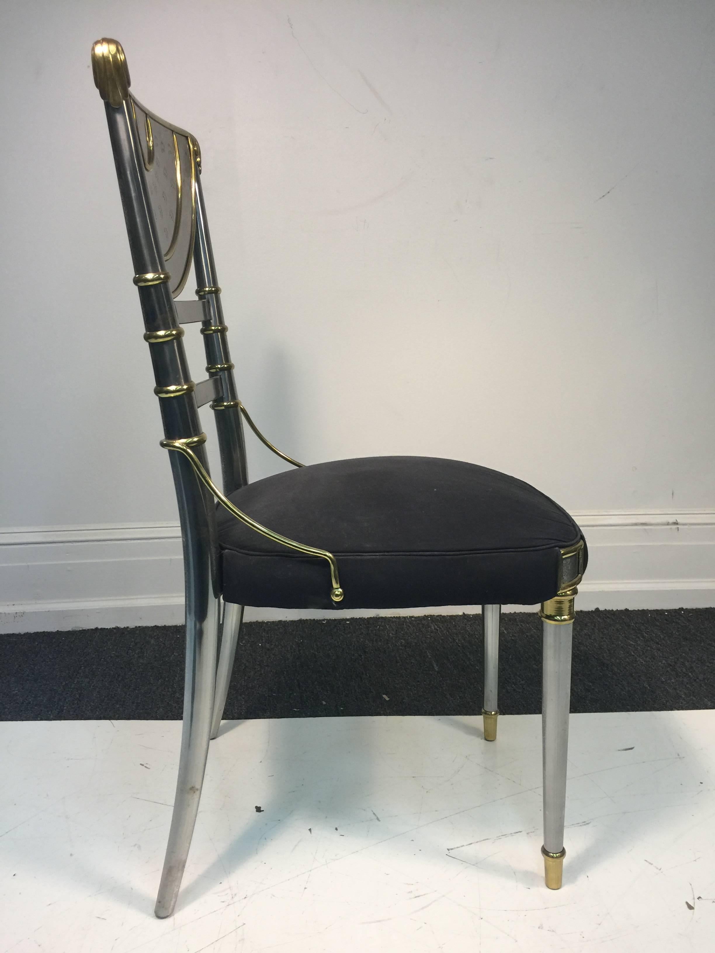 Exceptional Set of Four Steel Dining Chairs with Brass Accents by Maison Jansen For Sale 3