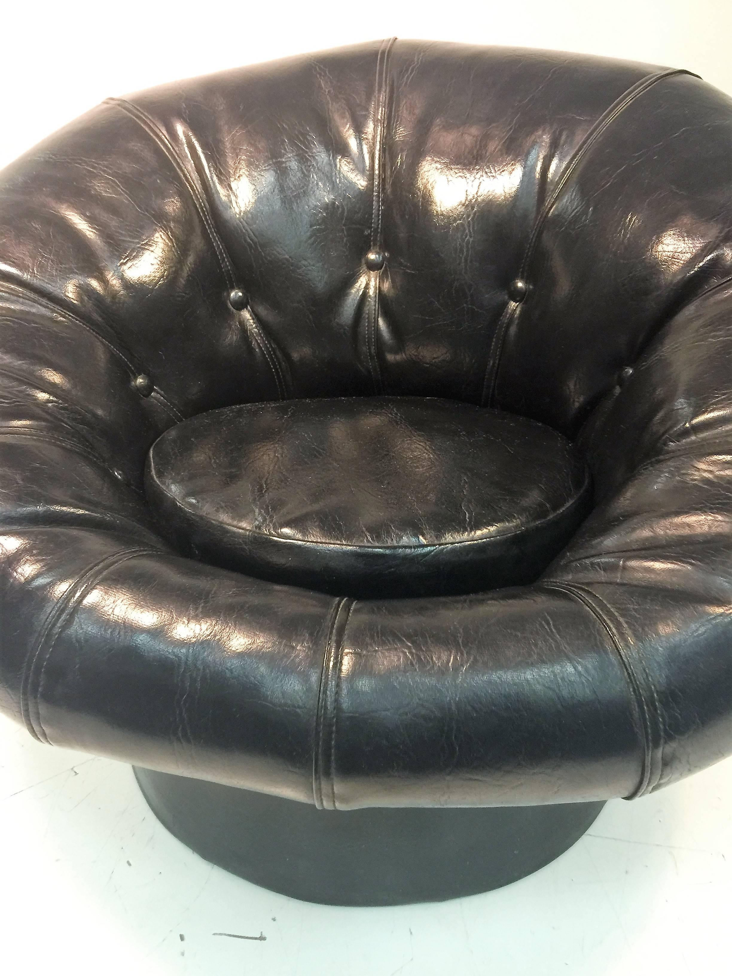 Mod Glossy Black Leatherette and Fiberglass Pouf Chair in Style of Joe Colombo In Excellent Condition For Sale In Mount Penn, PA