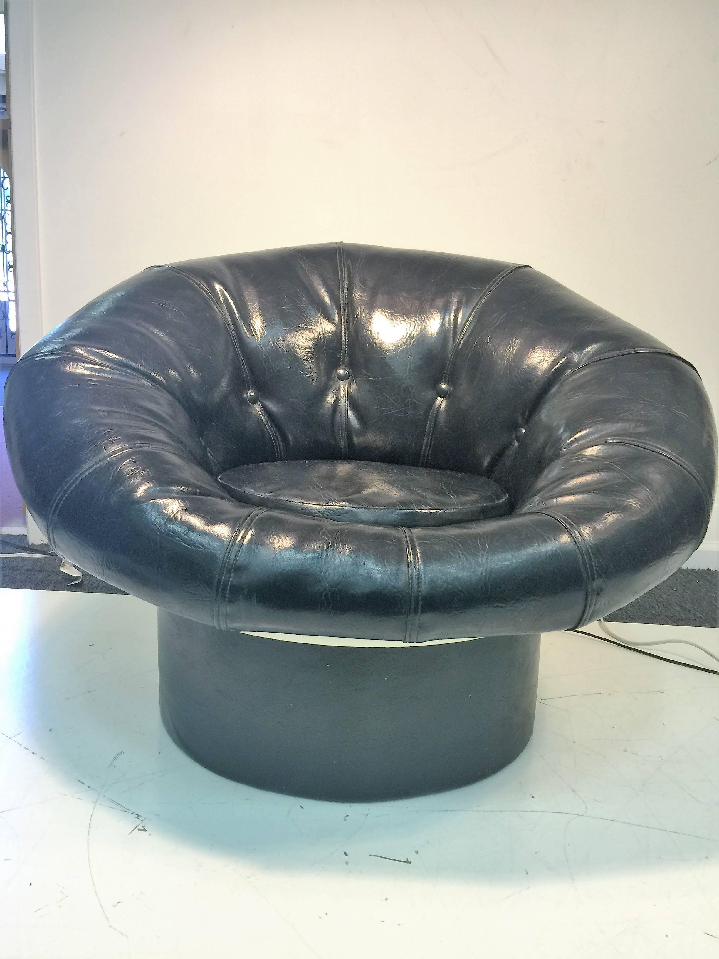 Mod Glossy Black Leatherette and Fiberglass Pouf Chair in Style of Joe Colombo For Sale 1