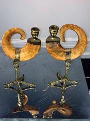 Pair of Decorative Rams Horn and Brass Ostrich Foot Candlesticks