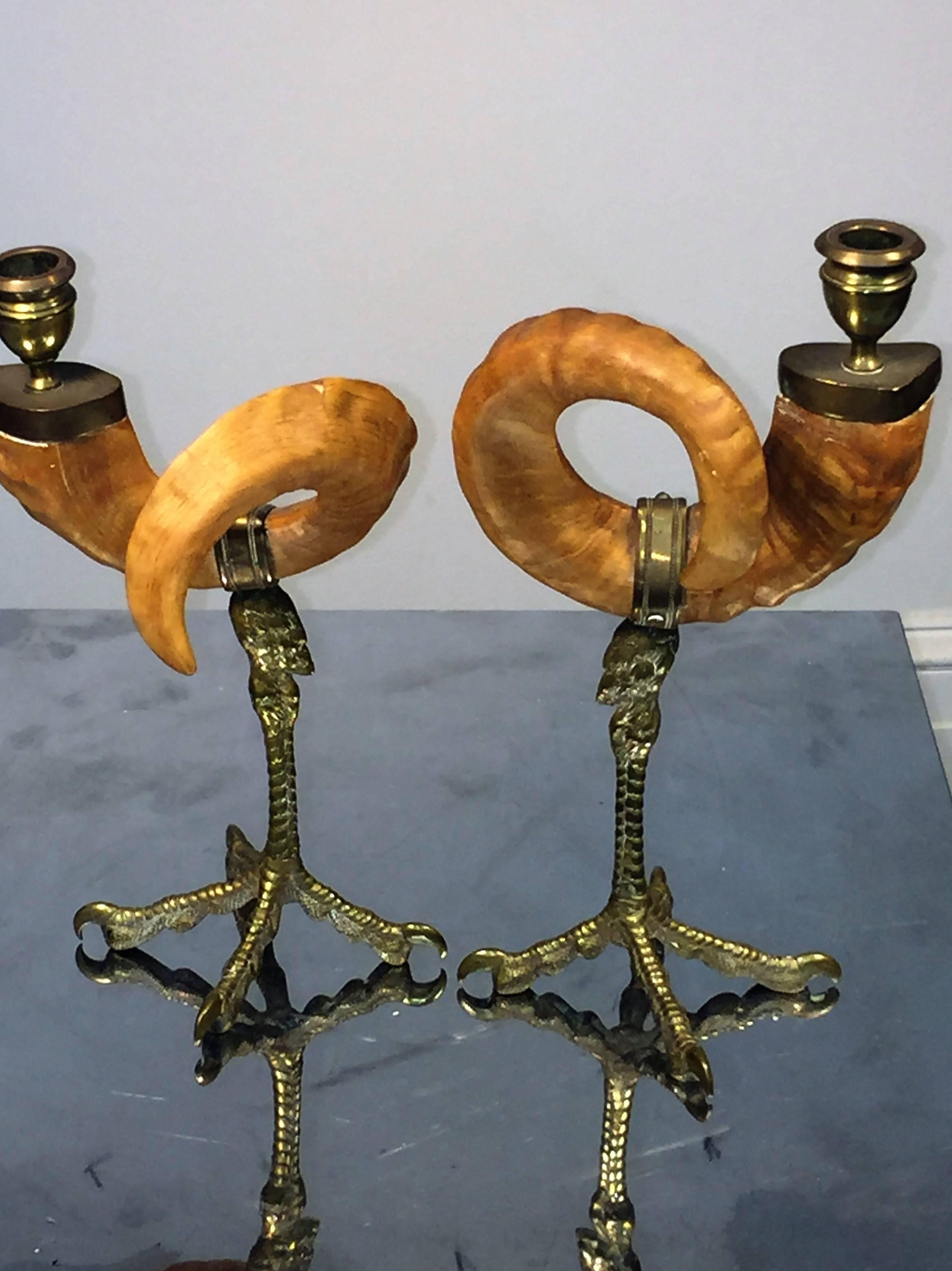 Hollywood Regency Pair of Decorative Rams Horn and Brass Ostrich Foot Candlesticks For Sale