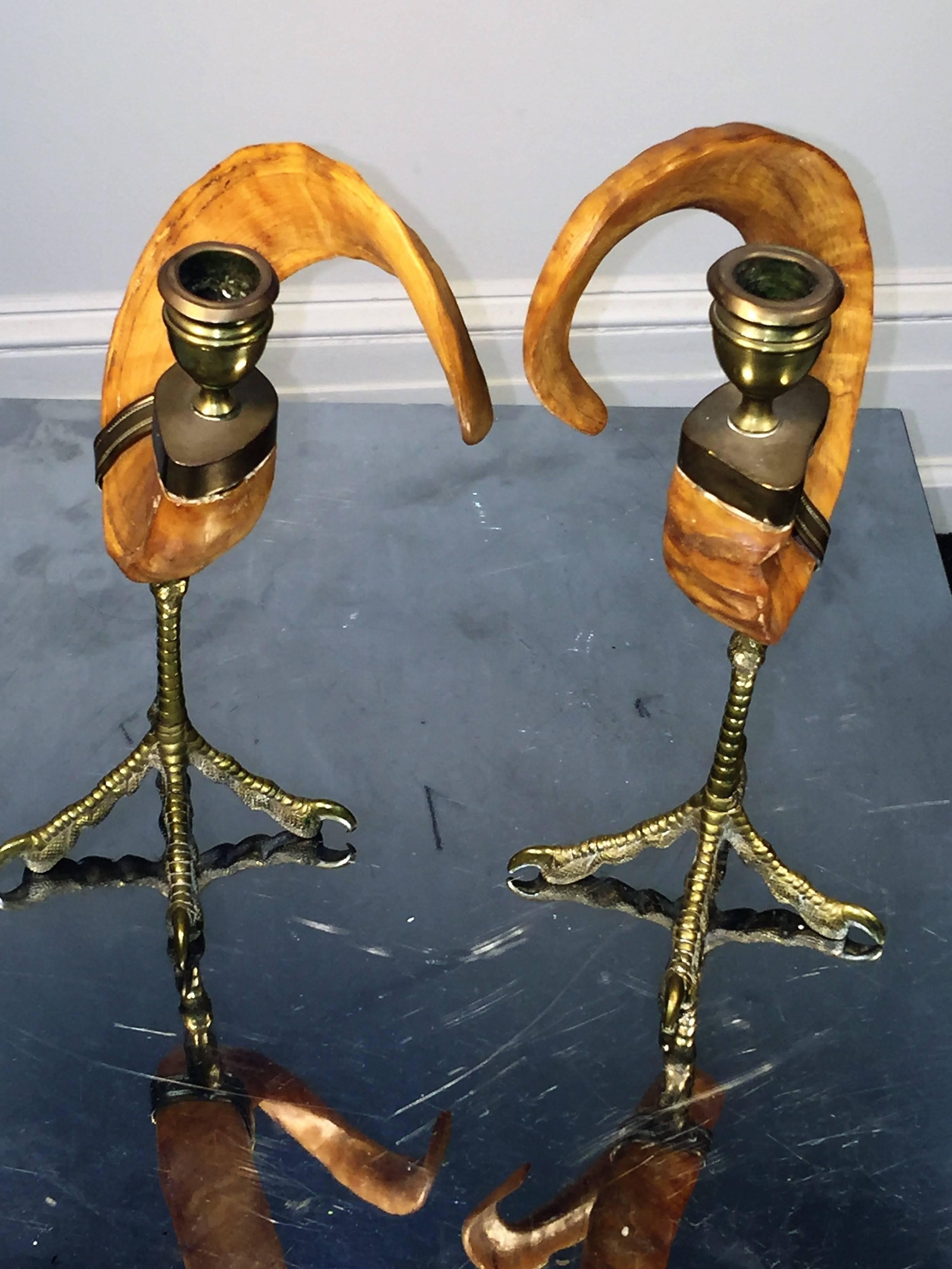 Italian Pair of Decorative Rams Horn and Brass Ostrich Foot Candlesticks For Sale