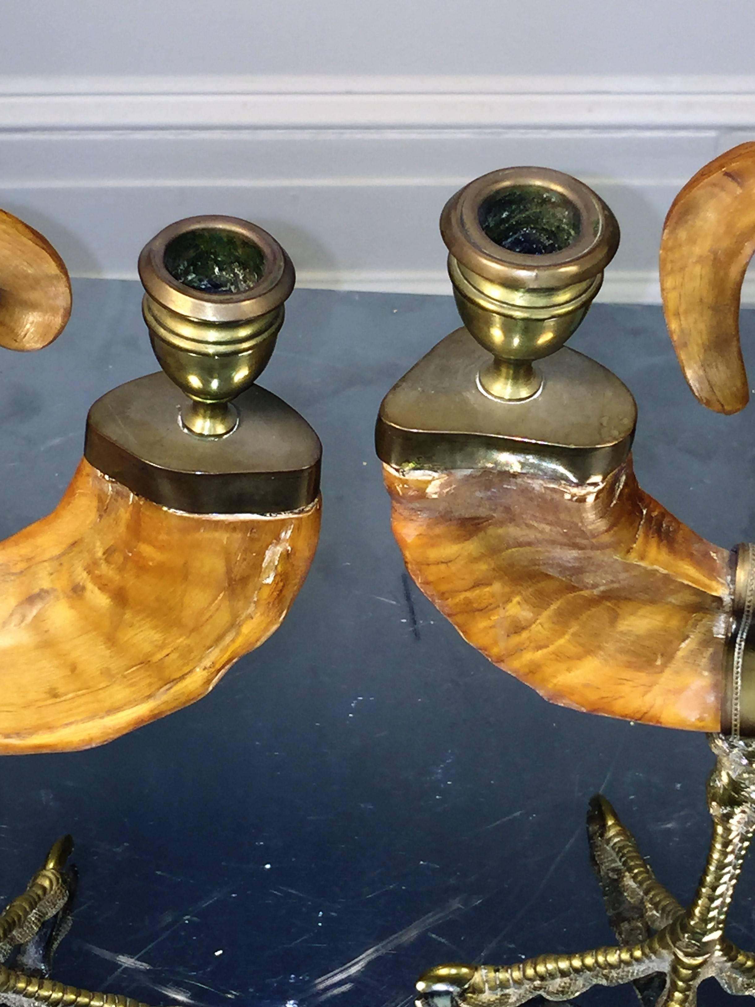 Mid-20th Century Pair of Decorative Rams Horn and Brass Ostrich Foot Candlesticks For Sale