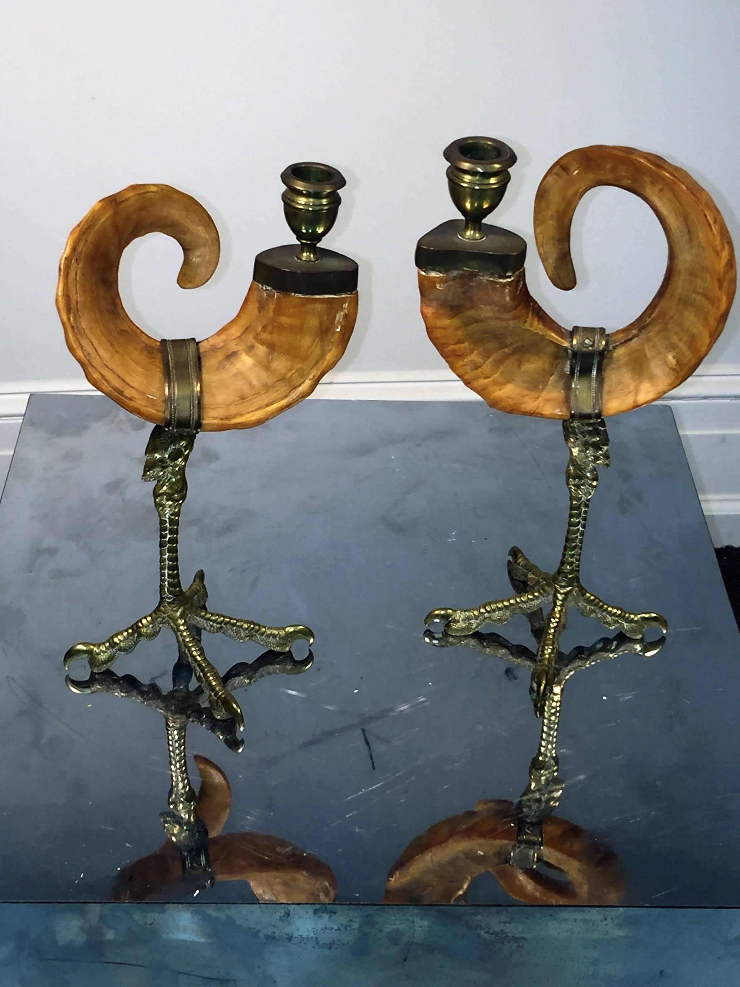 Pair of Decorative Rams Horn and Brass Ostrich Foot Candlesticks For Sale 1