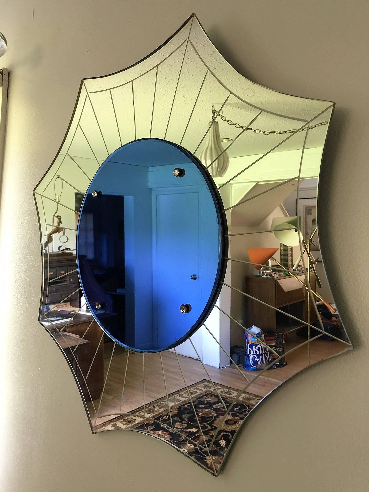 American Dramatic Starburst Form Cobalt Blue and Clear Art Deco Mirror
