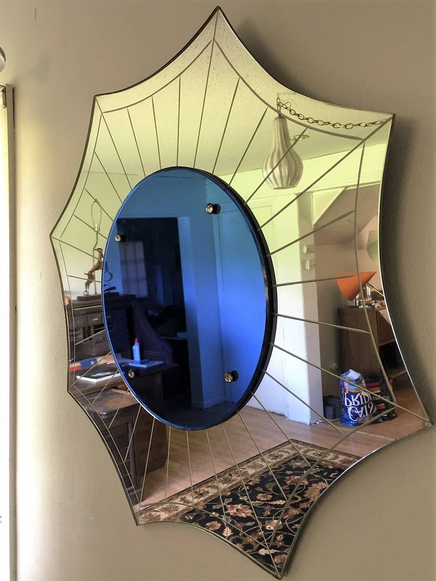 Mid-20th Century Dramatic Starburst Form Cobalt Blue and Clear Art Deco Mirror