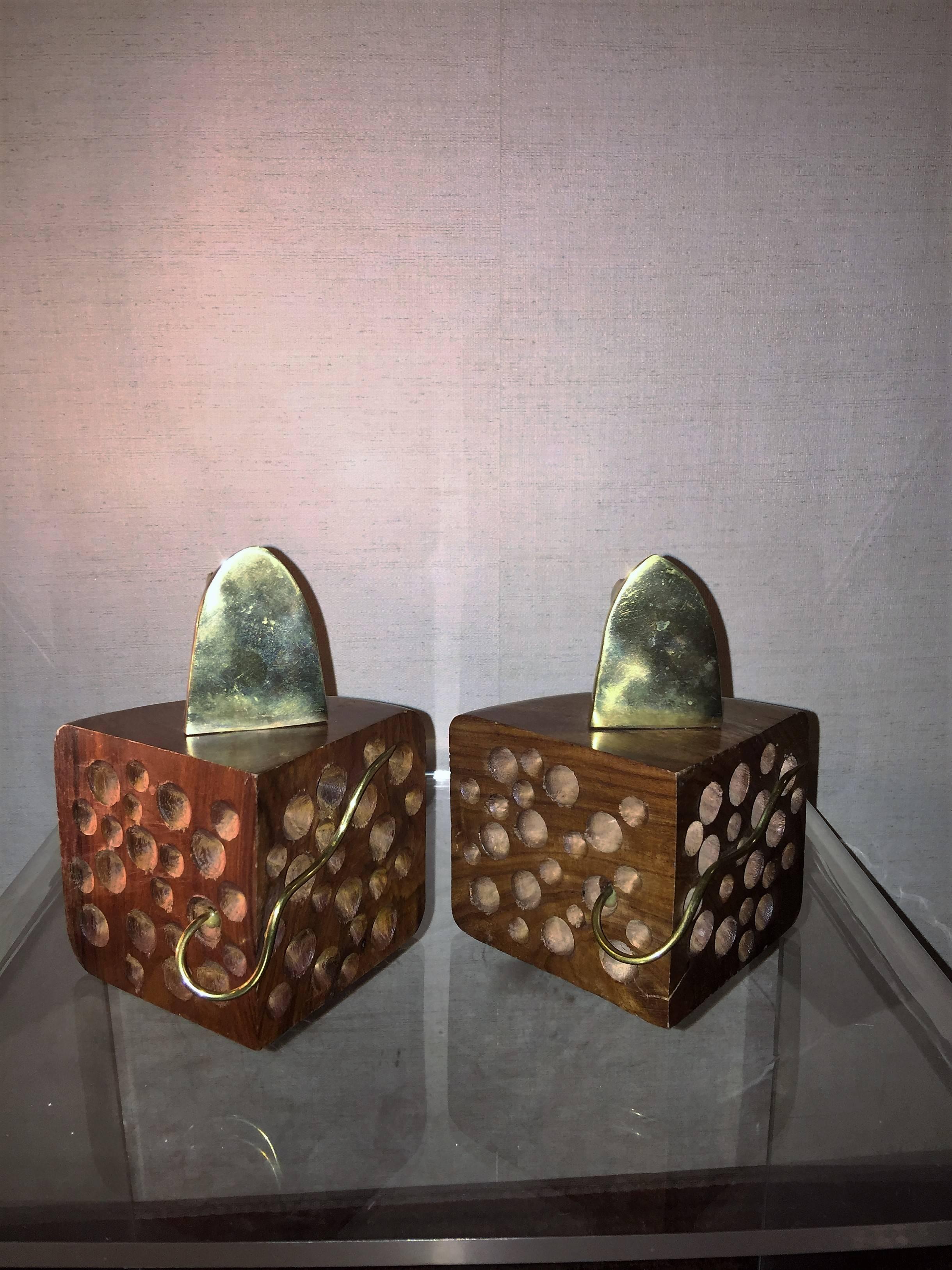 American Modernist Pair of Wood and Brass Mouse and Cheese Bookends For Sale