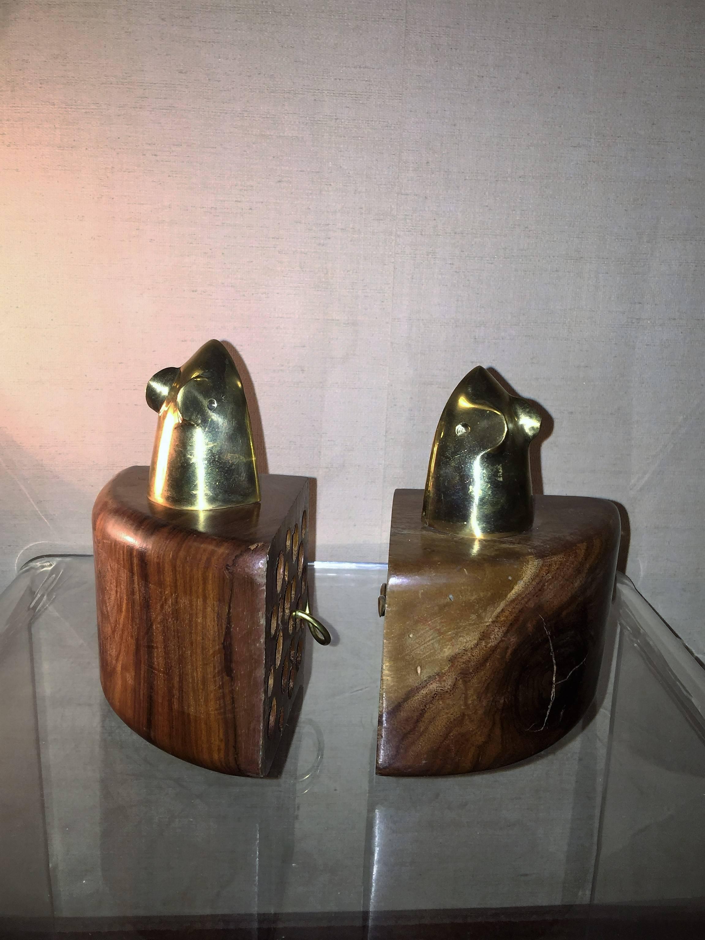 Carved Modernist Pair of Wood and Brass Mouse and Cheese Bookends For Sale