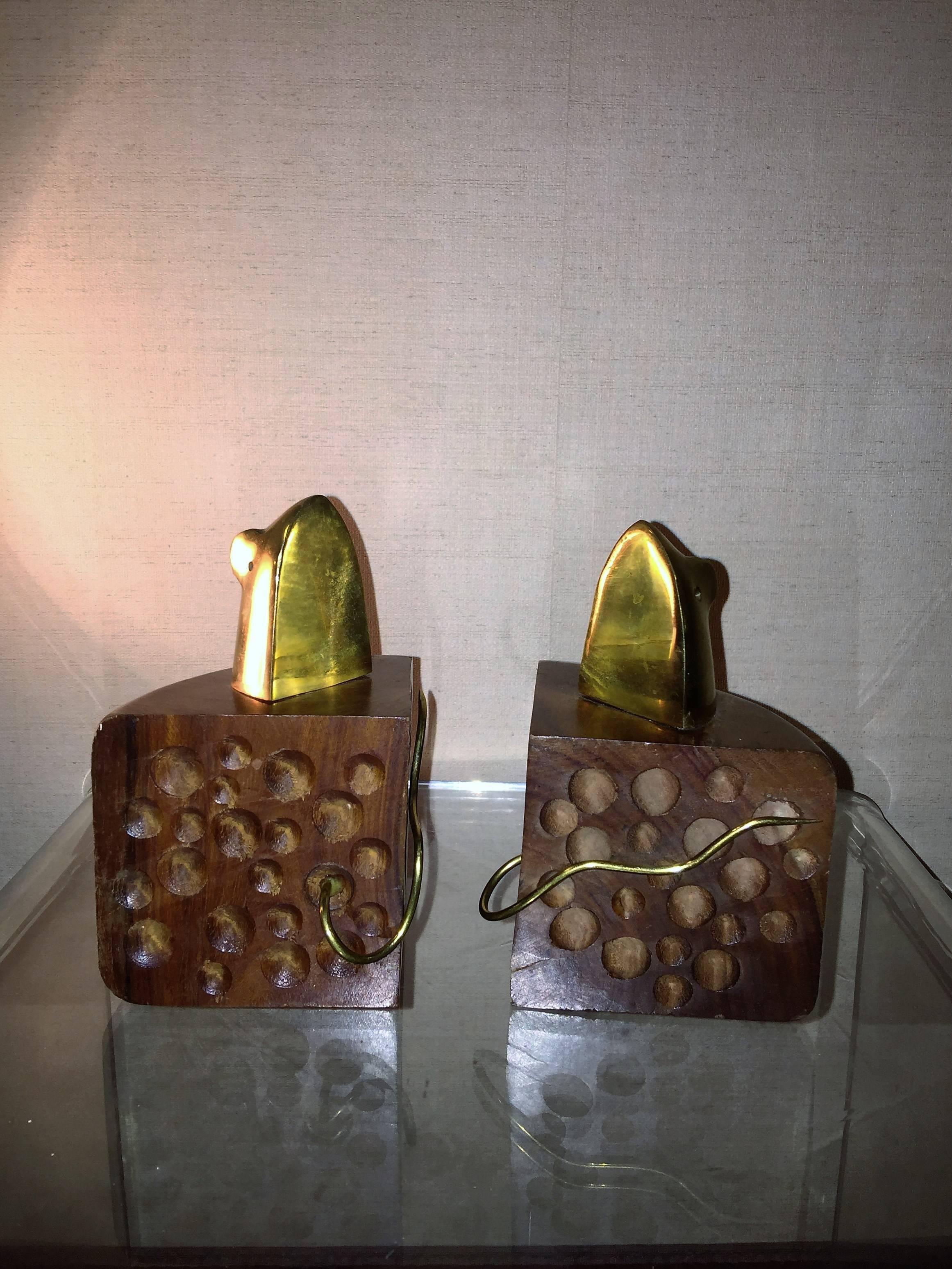 Modernist Pair of Wood and Brass Mouse and Cheese Bookends In Excellent Condition For Sale In Mount Penn, PA