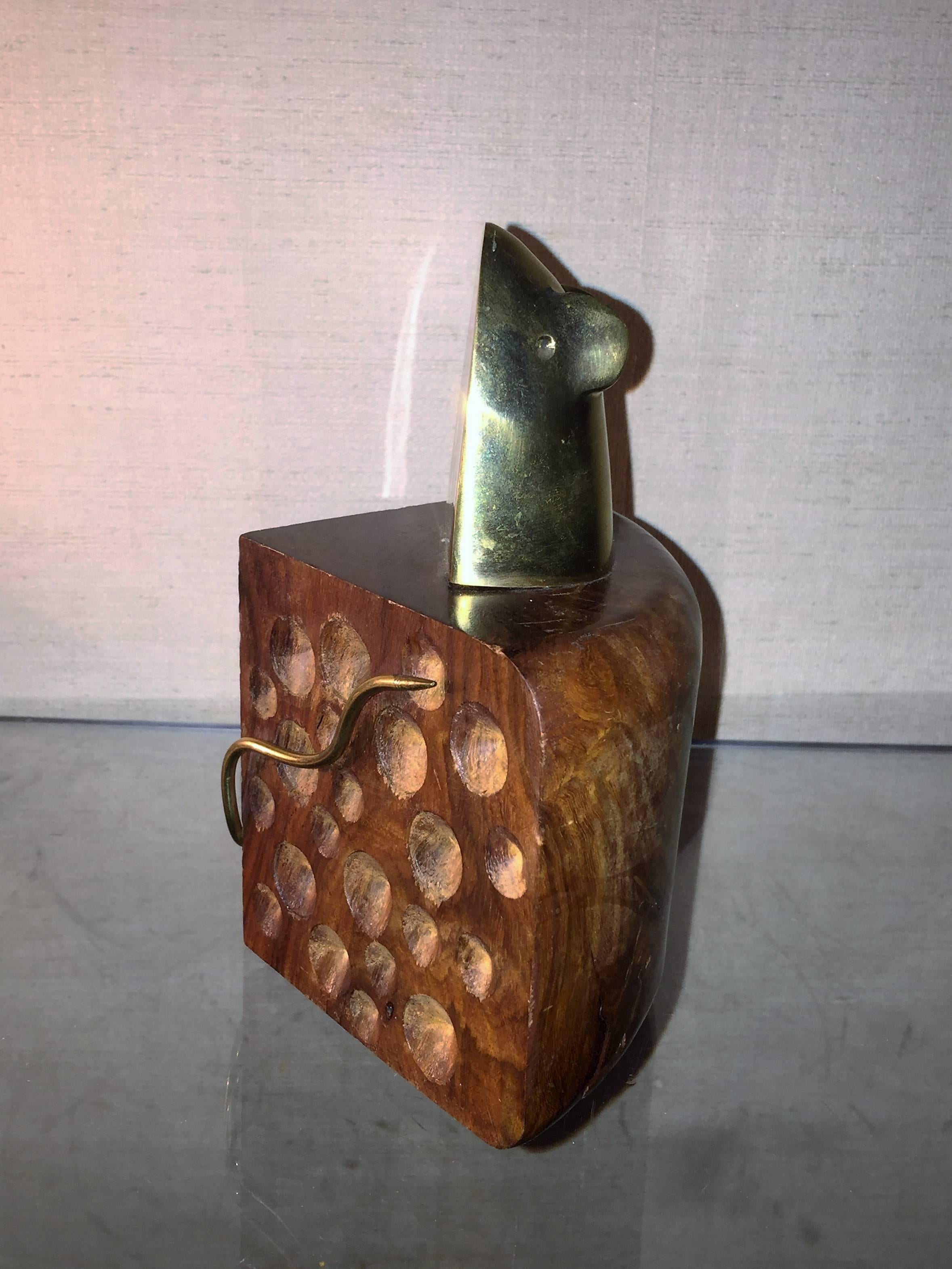 Modernist Pair of Wood and Brass Mouse and Cheese Bookends For Sale 2