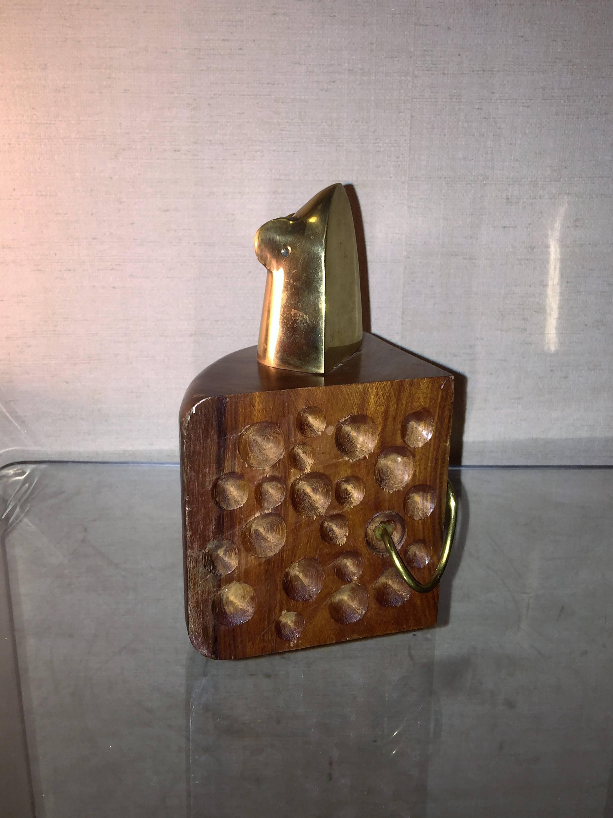 Modernist Pair of Wood and Brass Mouse and Cheese Bookends For Sale 3