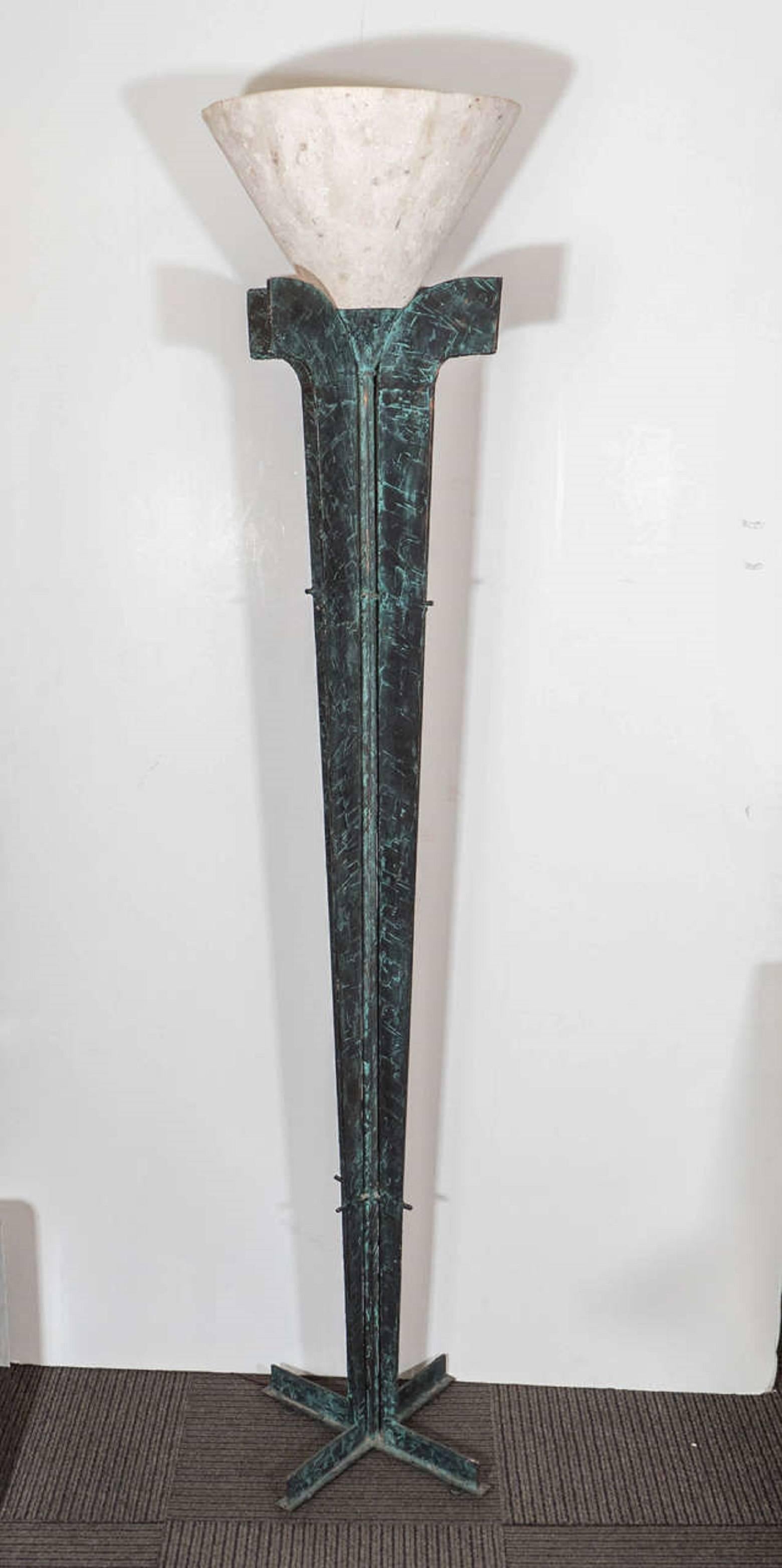 Amazing Art Deco Style Bronze Torchiere with Stone Shade, circa 1970 In Good Condition In Mount Penn, PA