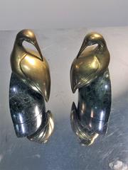 Decorative Pair of Brass Egret on Solid Deep Green Marble Bookends