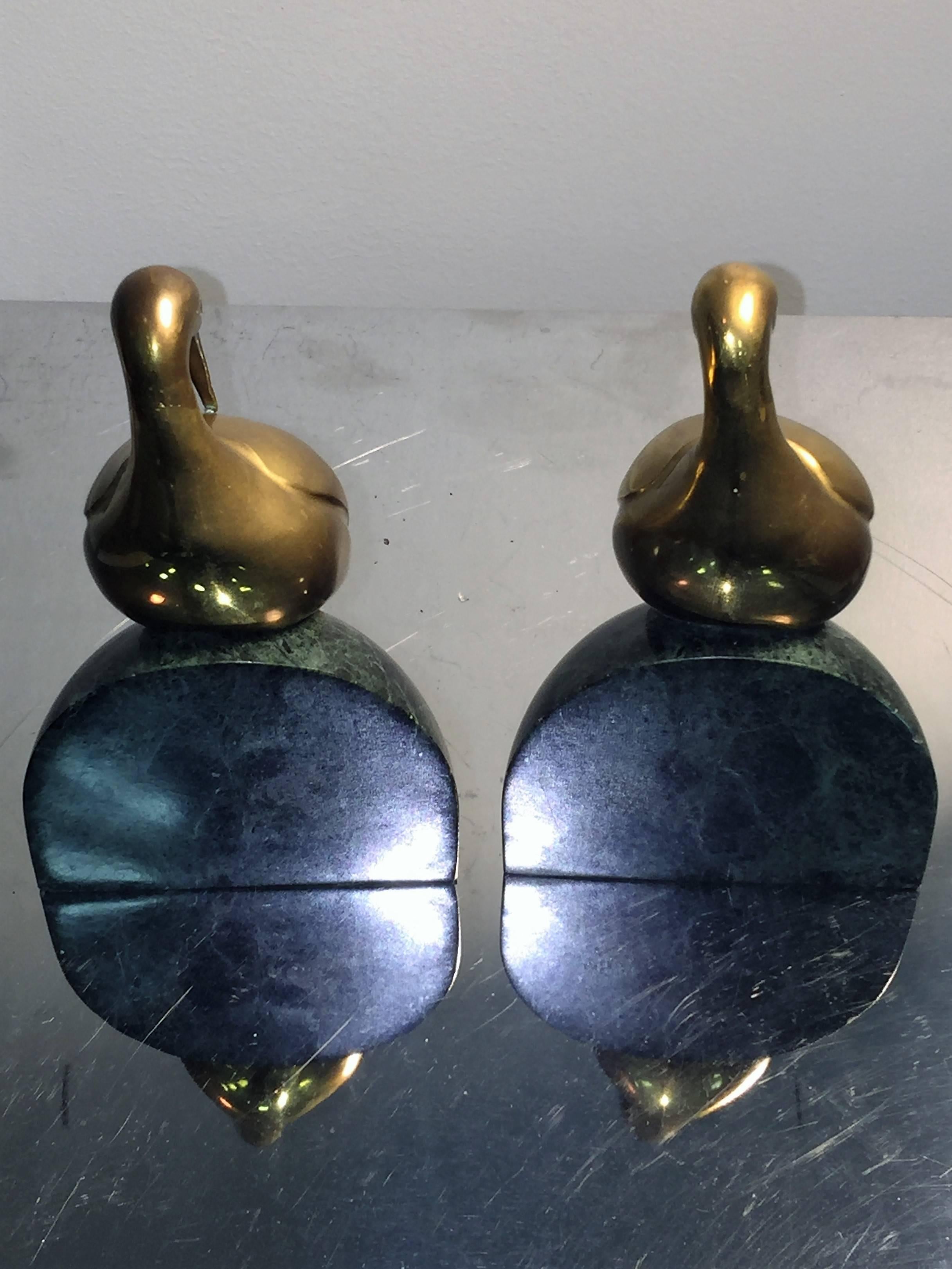 Modern Decorative Pair of Brass Egret on Solid Deep Green Marble Bookends For Sale