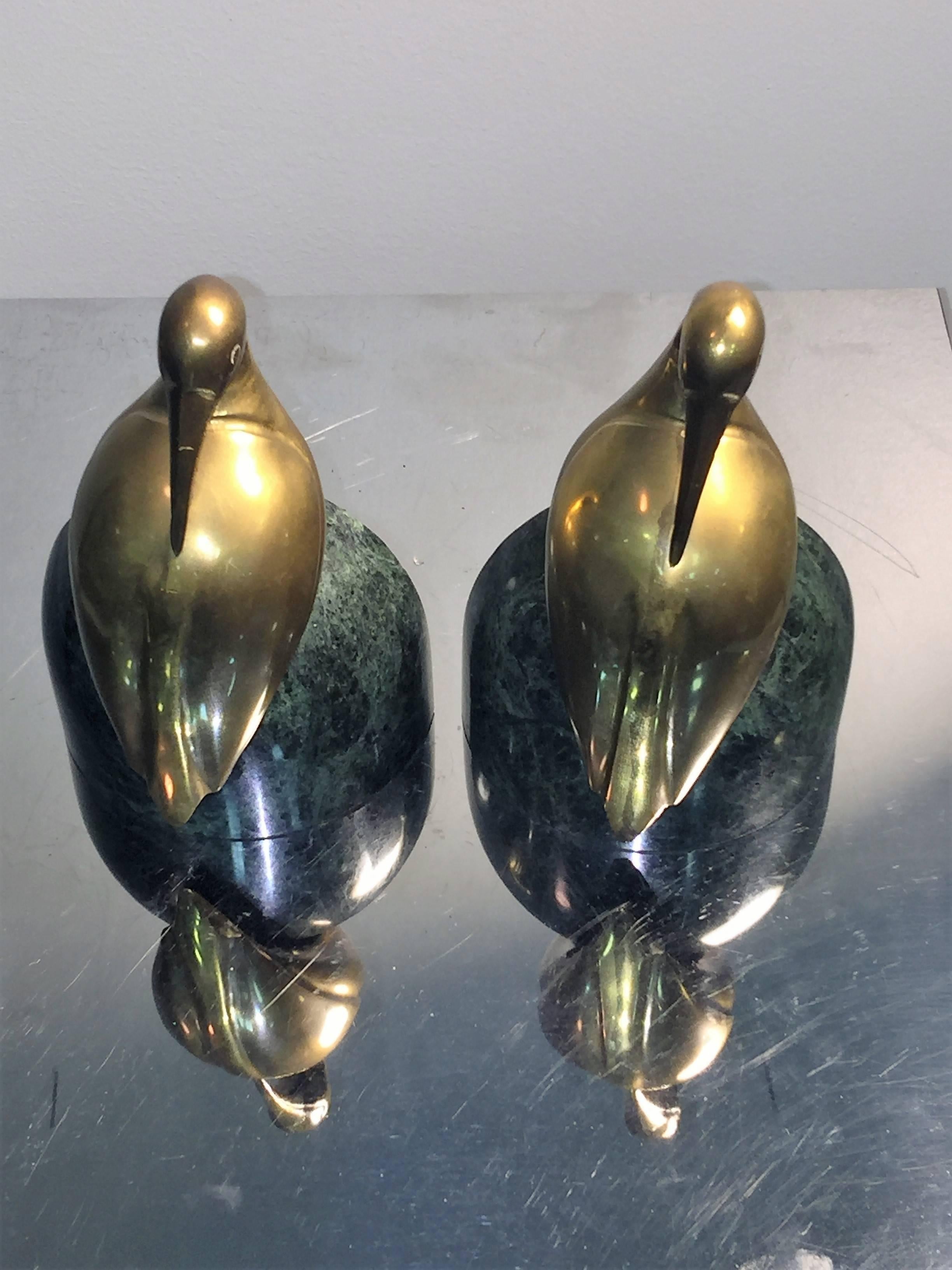 Italian Decorative Pair of Brass Egret on Solid Deep Green Marble Bookends For Sale