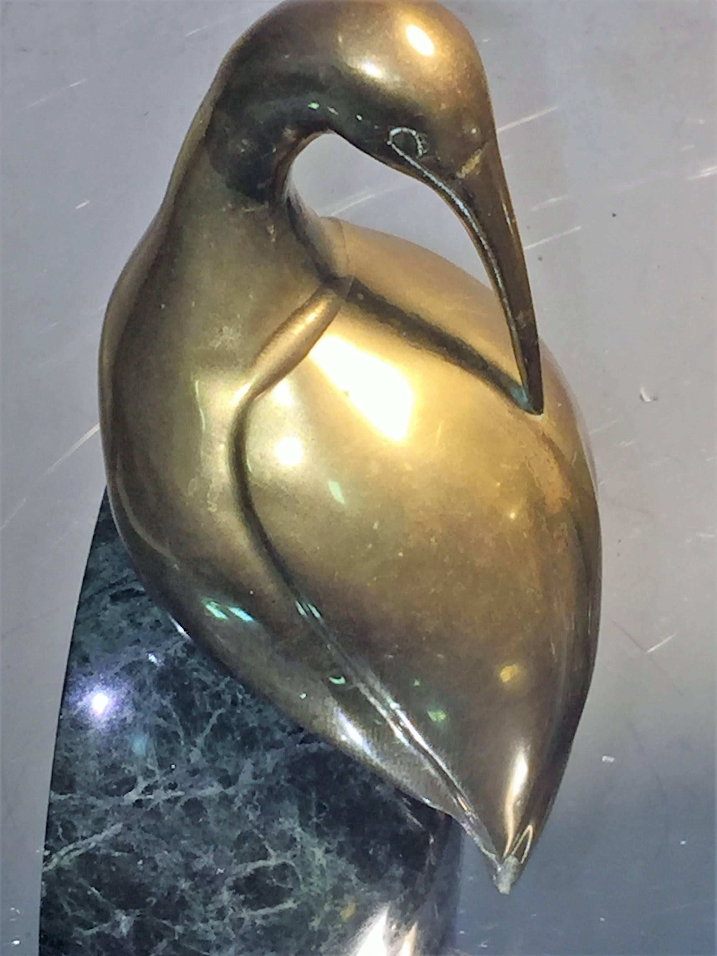 Decorative Pair of Brass Egret on Solid Deep Green Marble Bookends In Excellent Condition For Sale In Mount Penn, PA