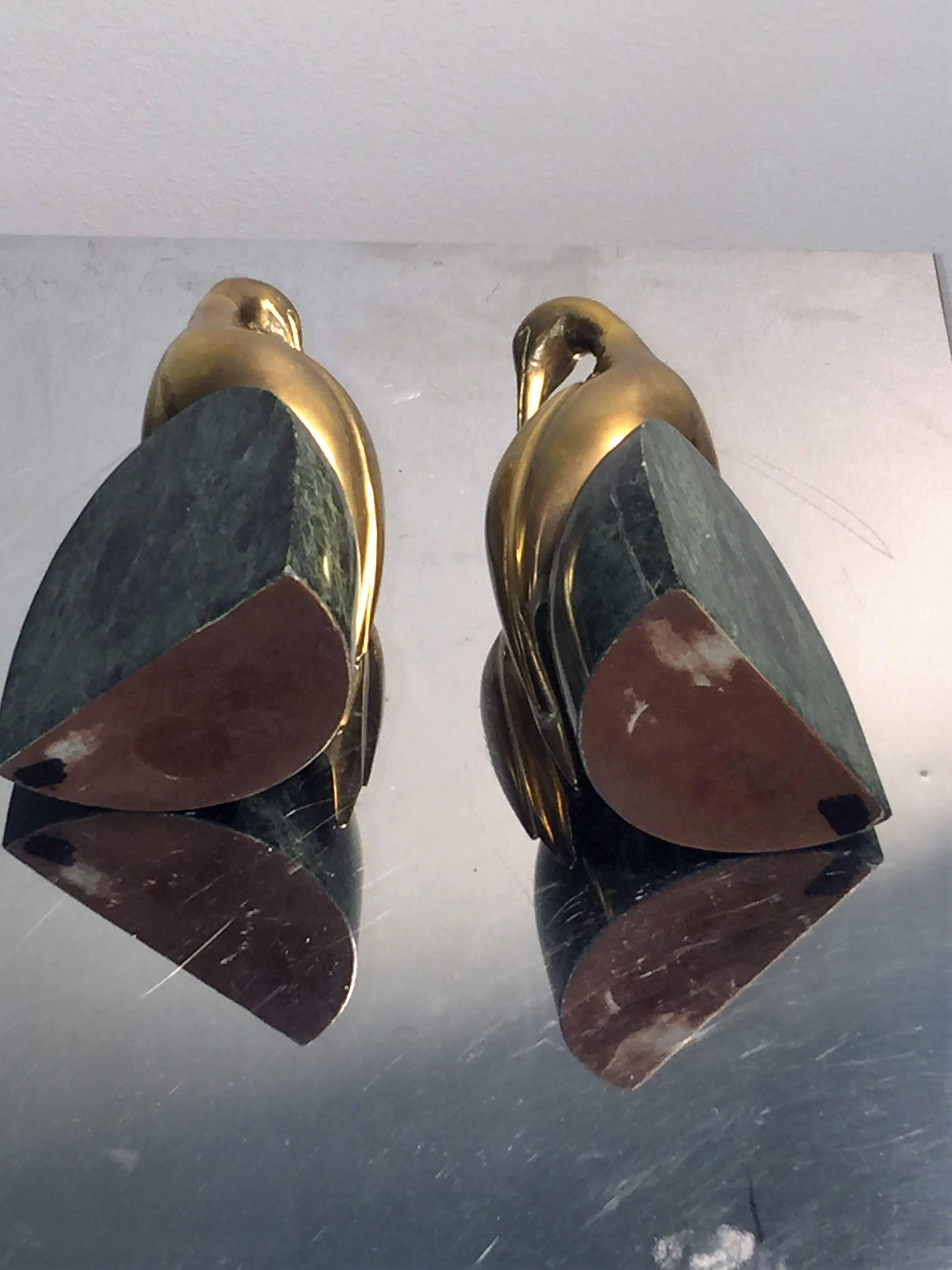Decorative Pair of Brass Egret on Solid Deep Green Marble Bookends For Sale 1