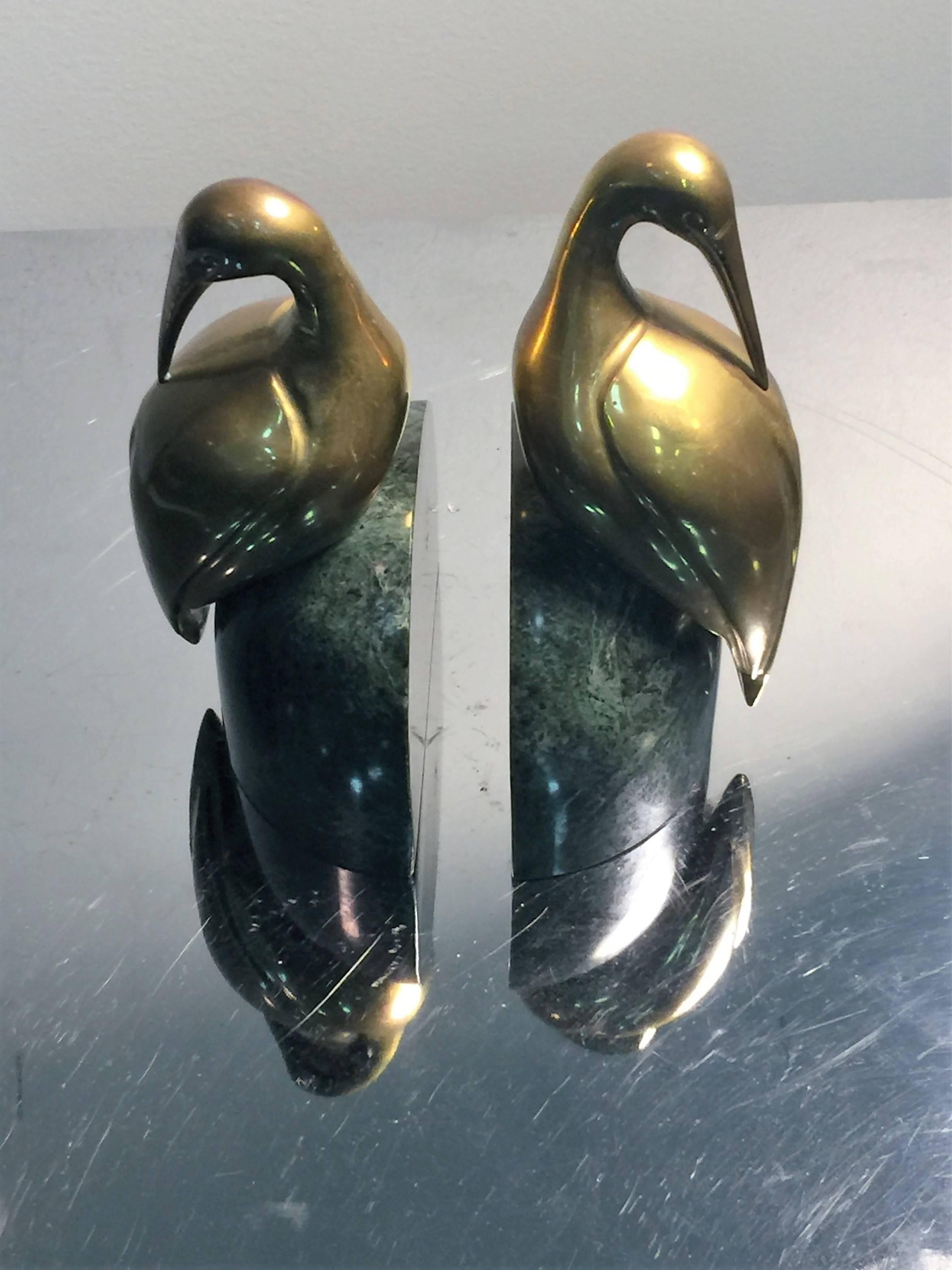 Decorative Pair of Brass Egret on Solid Deep Green Marble Bookends For Sale 2