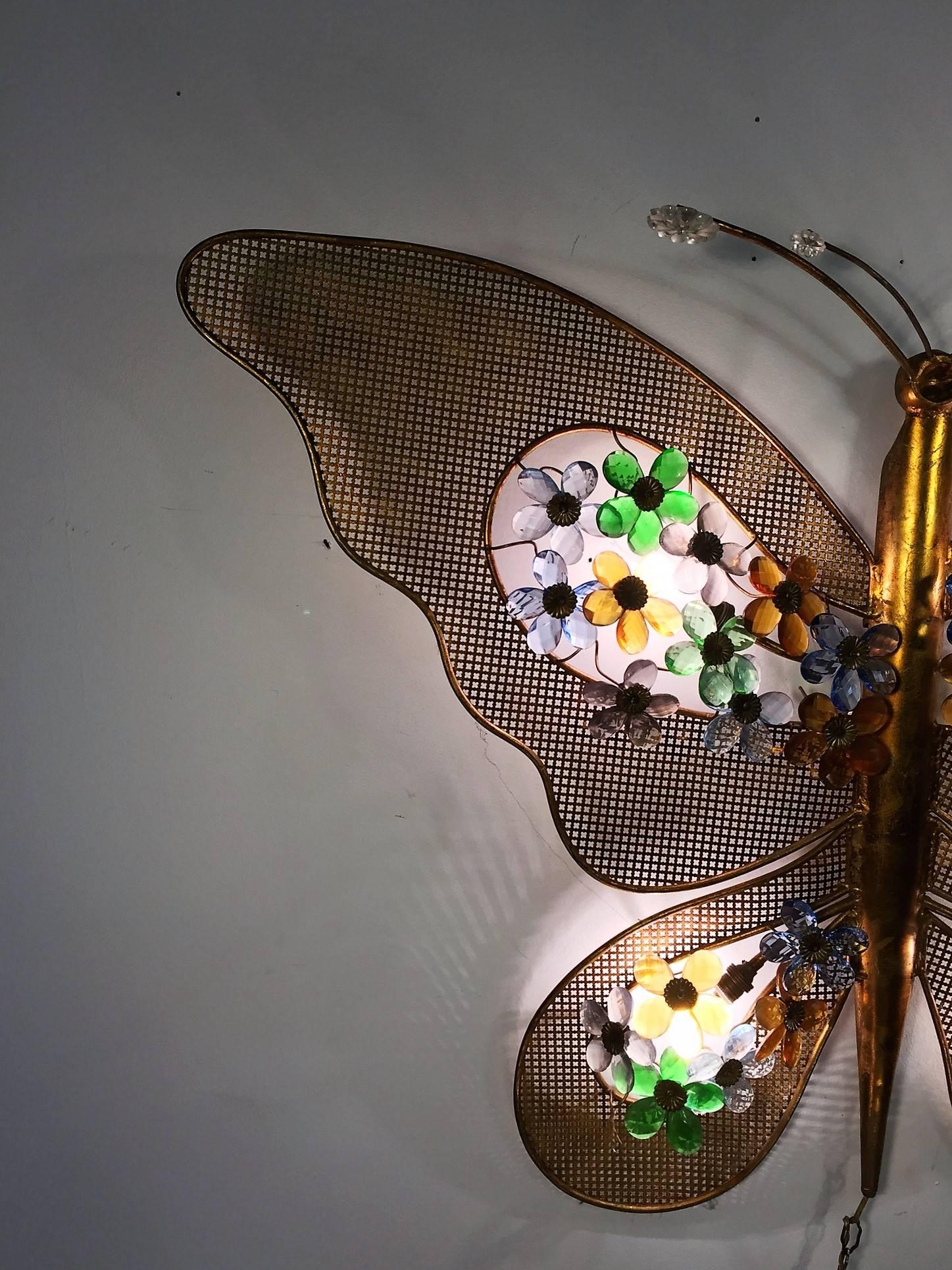 Hollywood Regency Gorgeous Italian Gilded and Crystal Illuminated Butterfly Wall Hanging For Sale