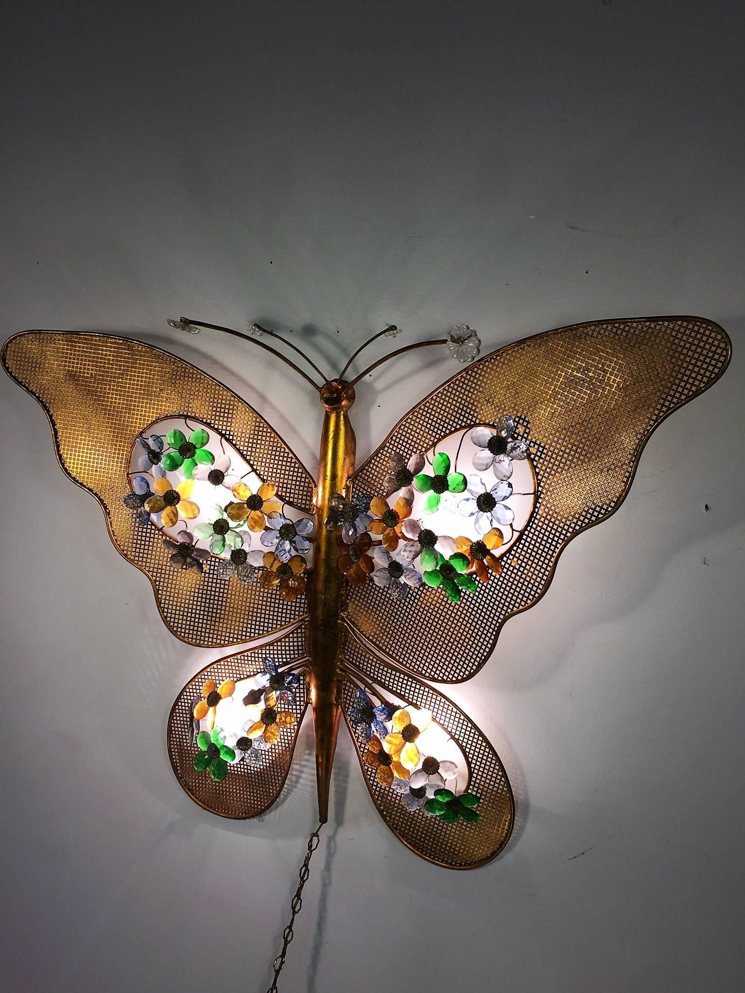 Faceted Gorgeous Italian Gilded and Crystal Illuminated Butterfly Wall Hanging For Sale