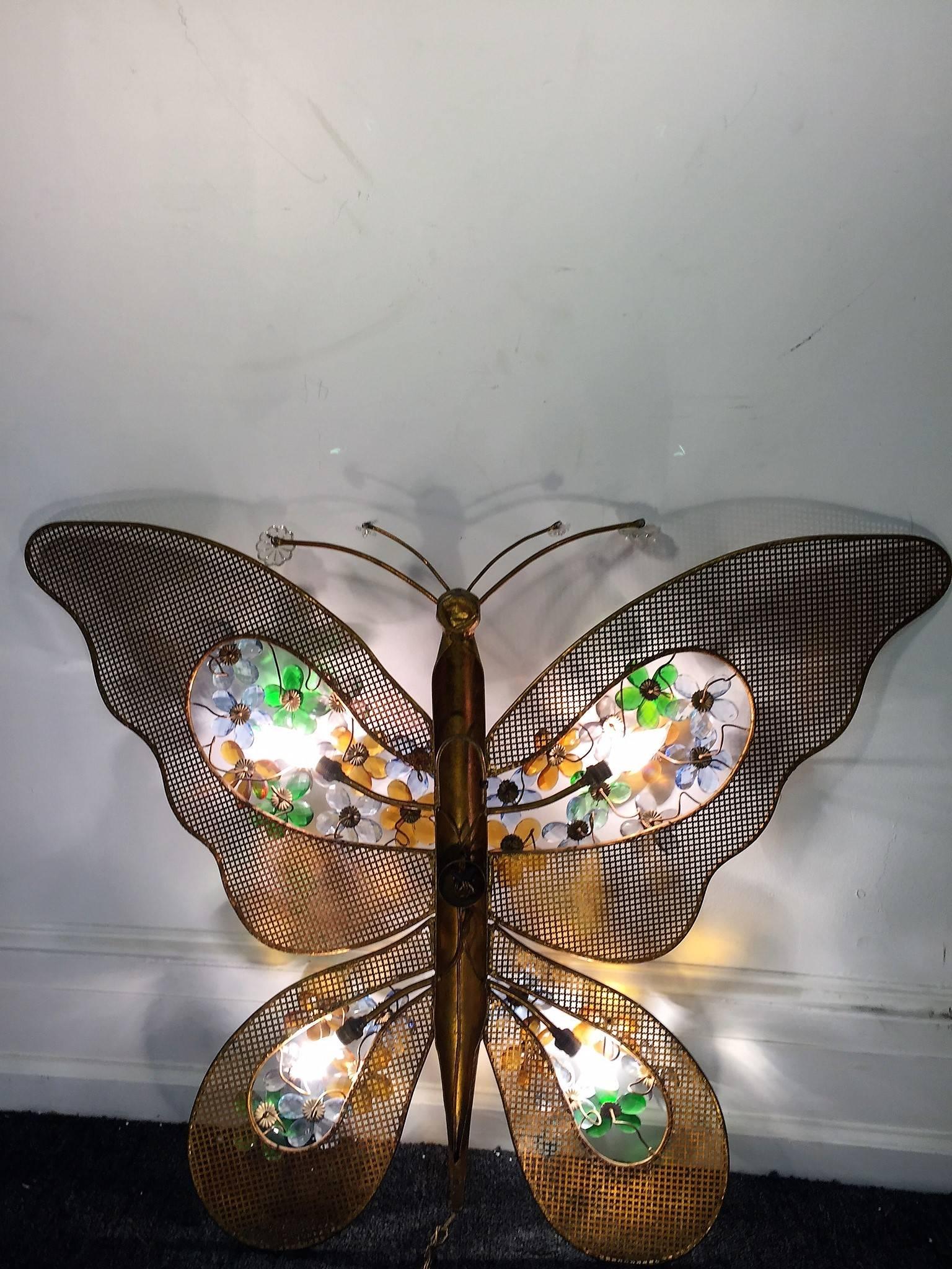 Gorgeous Italian Gilded and Crystal Illuminated Butterfly Wall Hanging In Excellent Condition For Sale In Mount Penn, PA