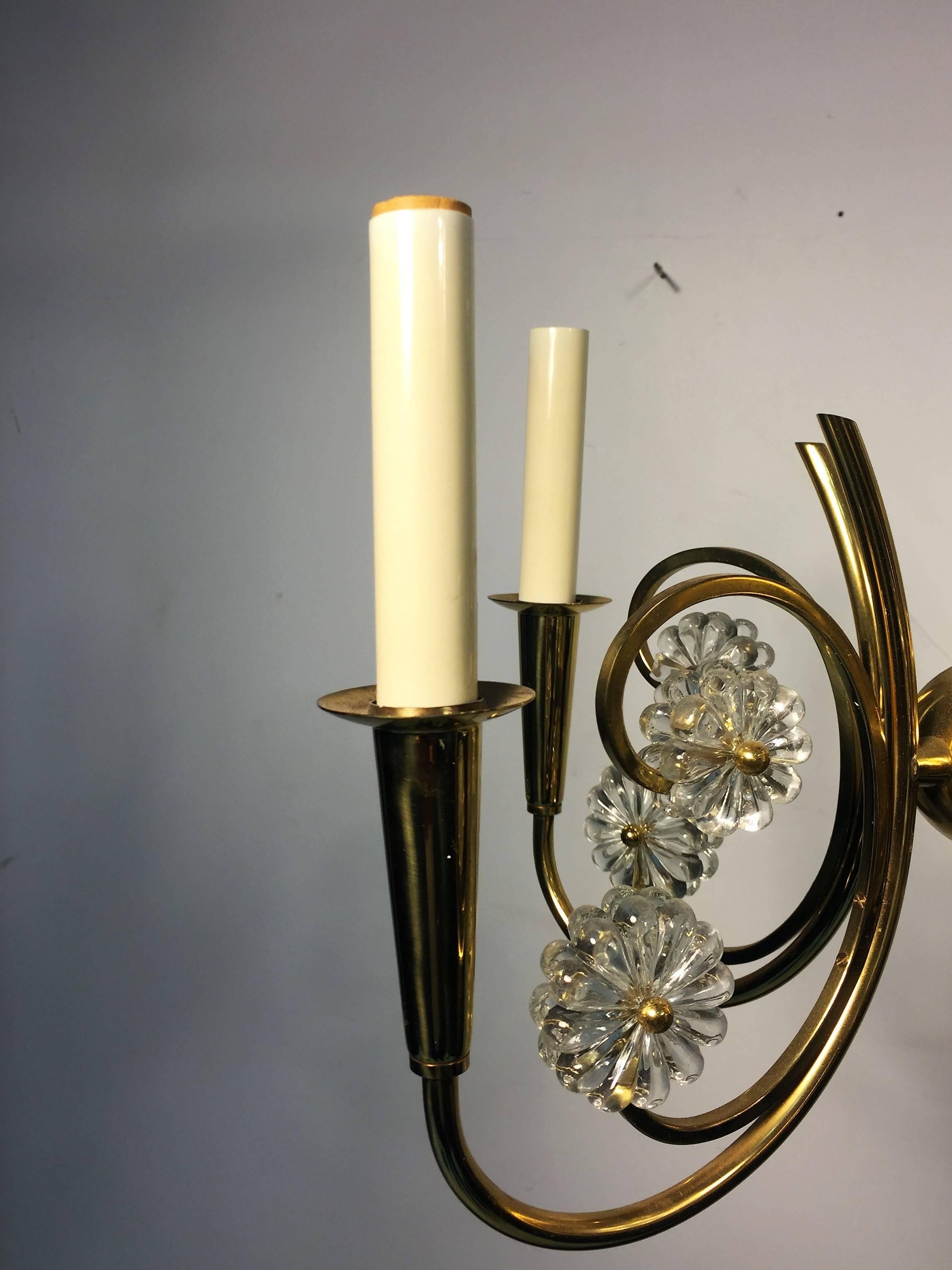 Cast  Great Pair of Hollywood Regency Period Brass and Crystal Floret Chandeliers For Sale