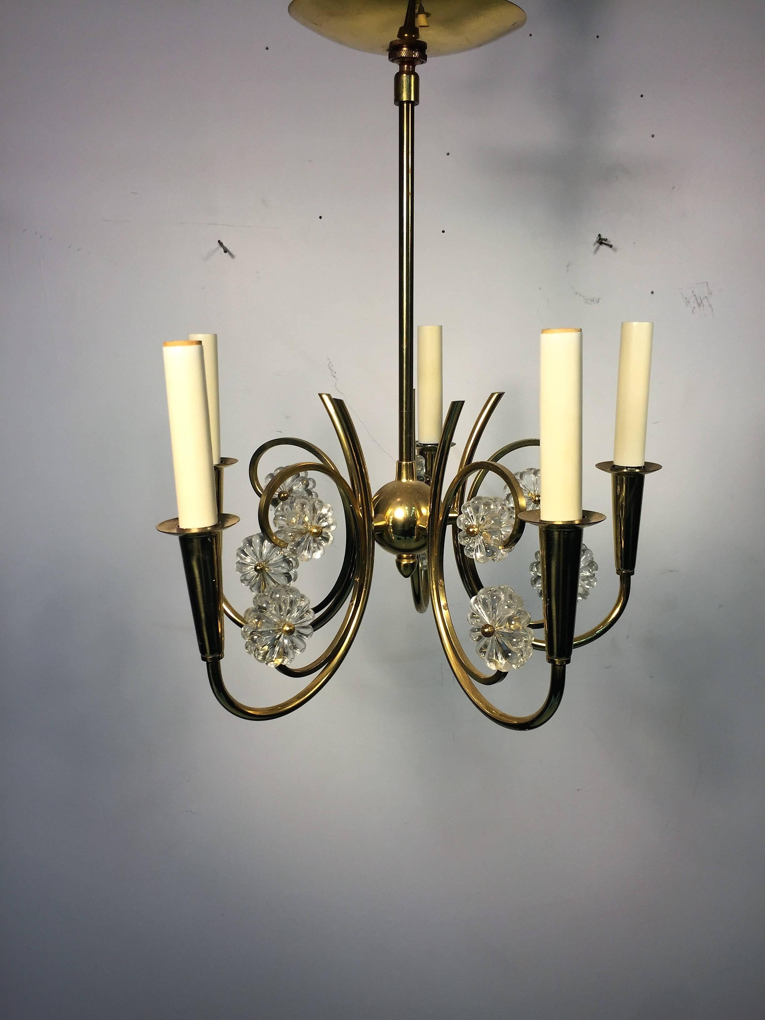 20th Century  Great Pair of Hollywood Regency Period Brass and Crystal Floret Chandeliers For Sale