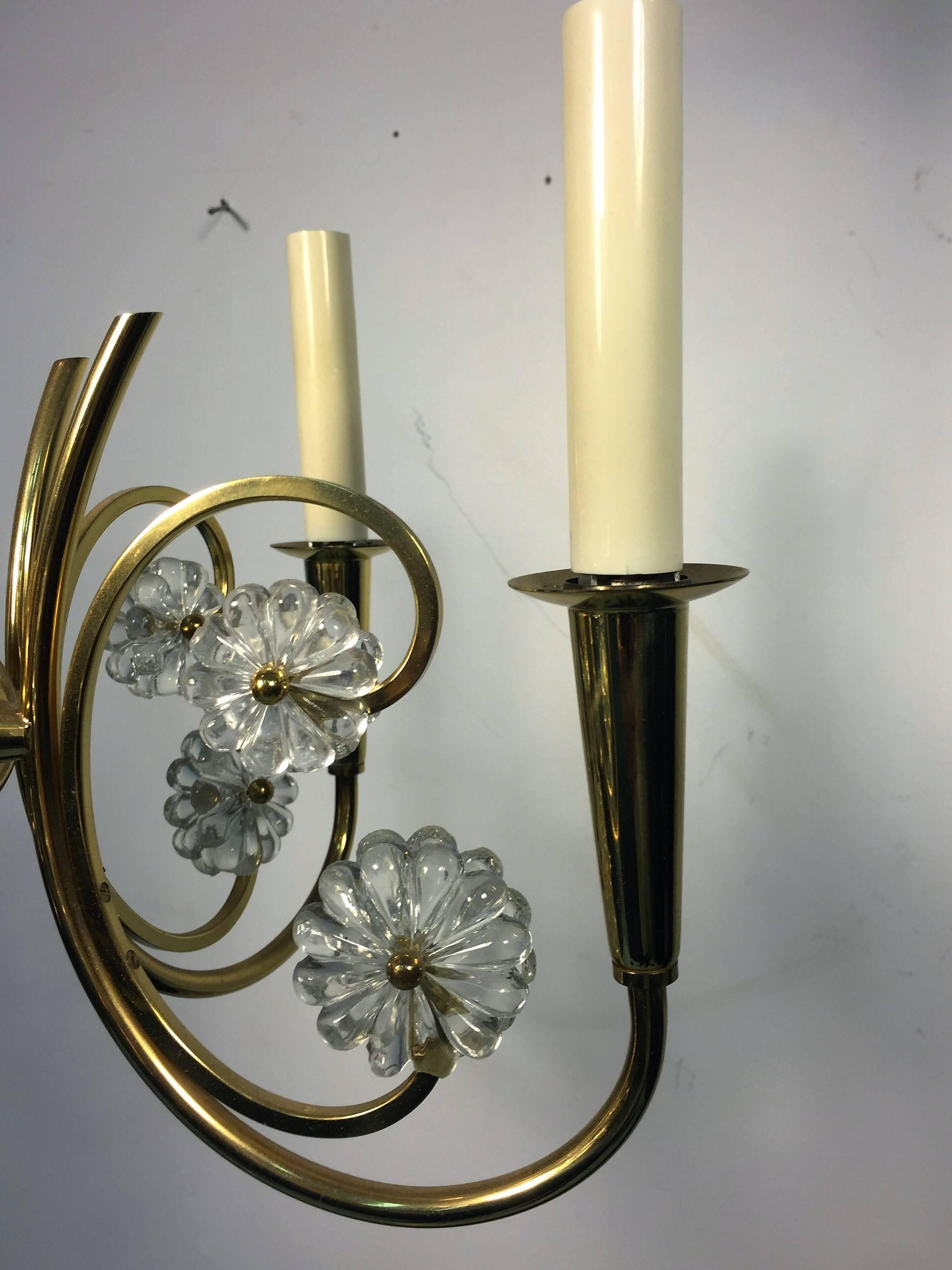  Great Pair of Hollywood Regency Period Brass and Crystal Floret Chandeliers For Sale 1