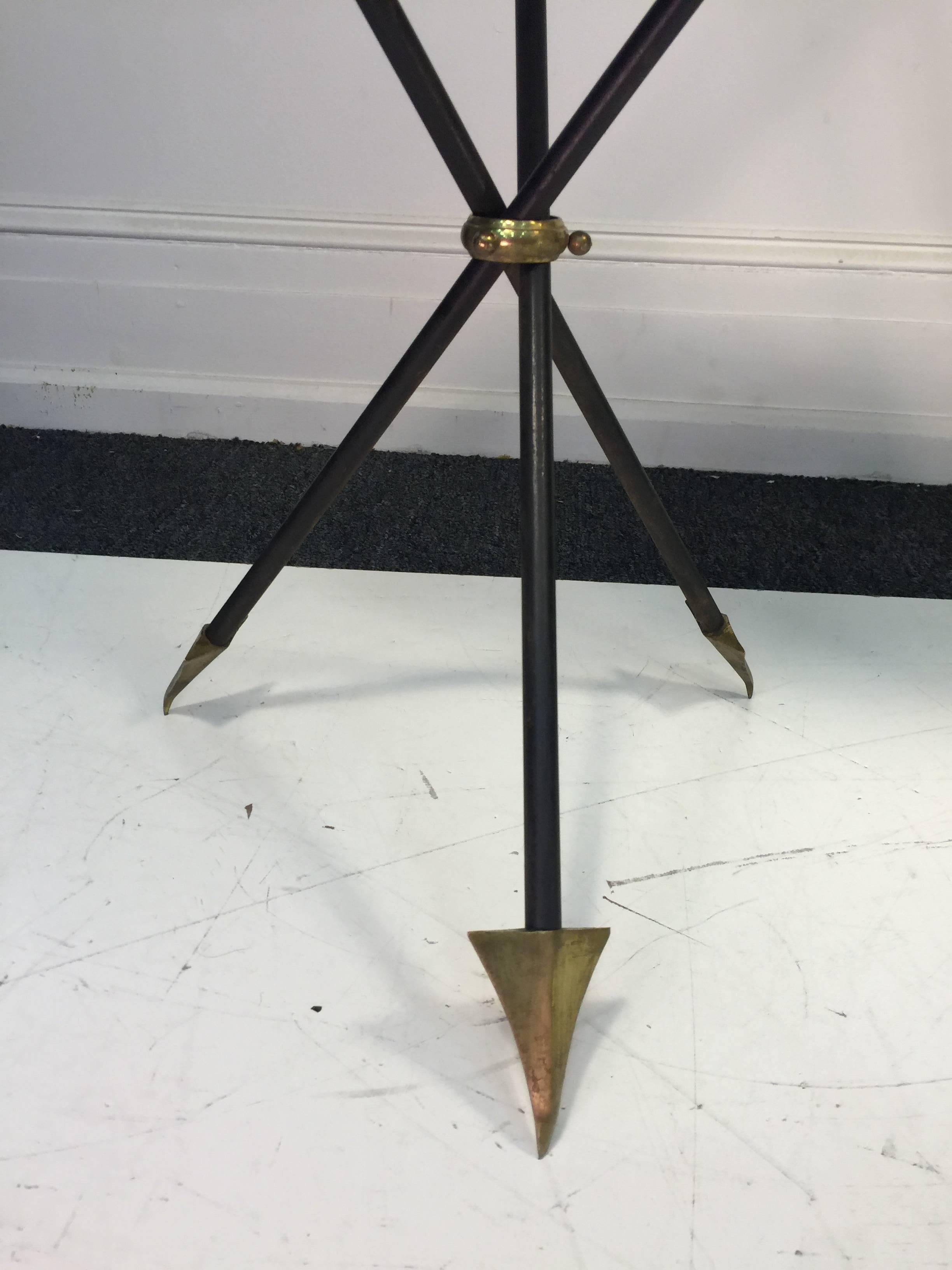 20th Century Exceptional Pair of Brass and Iron Arrow Side Tables Attributed to Maison Jansen For Sale