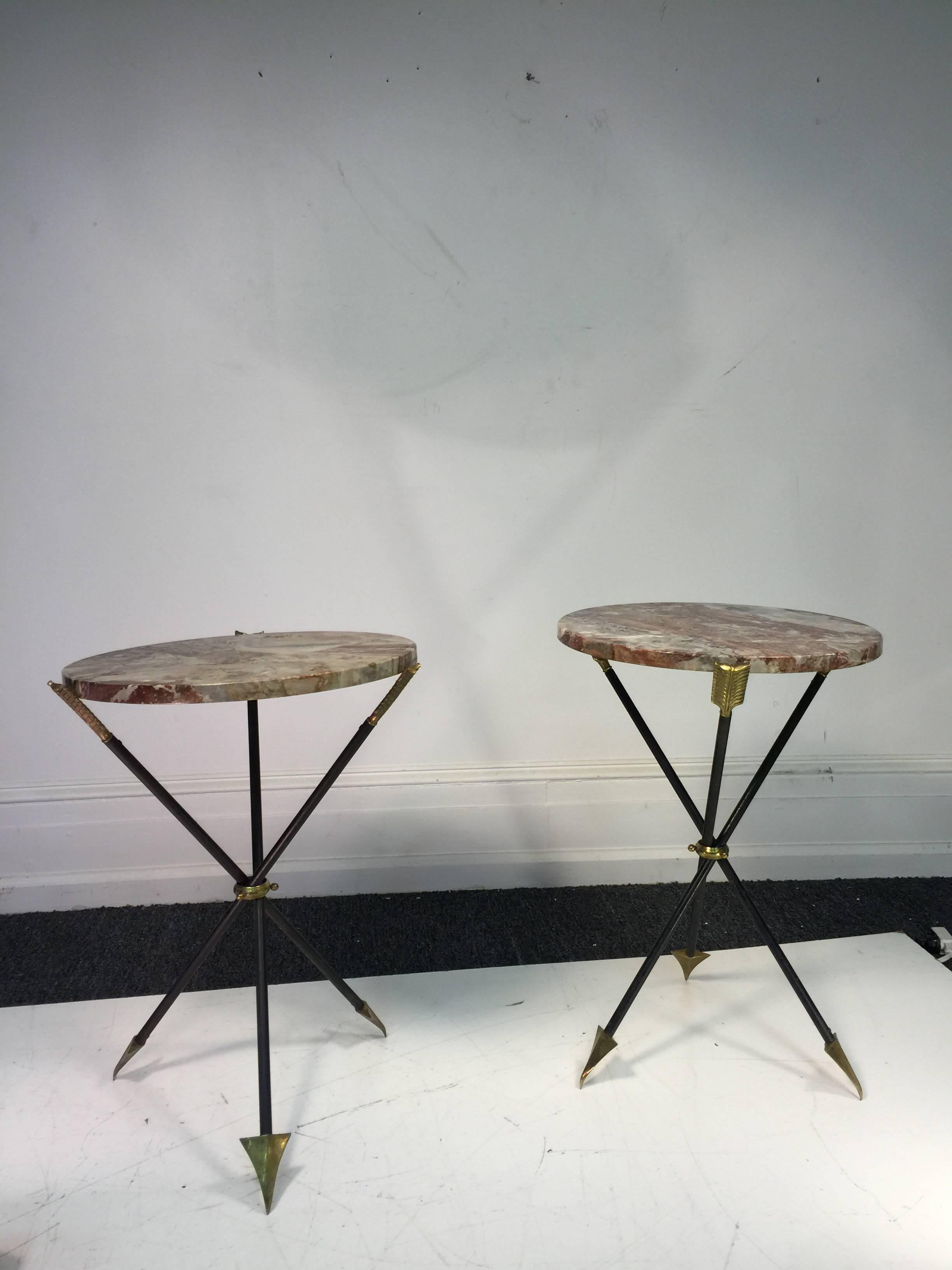 Mid-Century Modern Exceptional Pair of Brass and Iron Arrow Side Tables Attributed to Maison Jansen For Sale