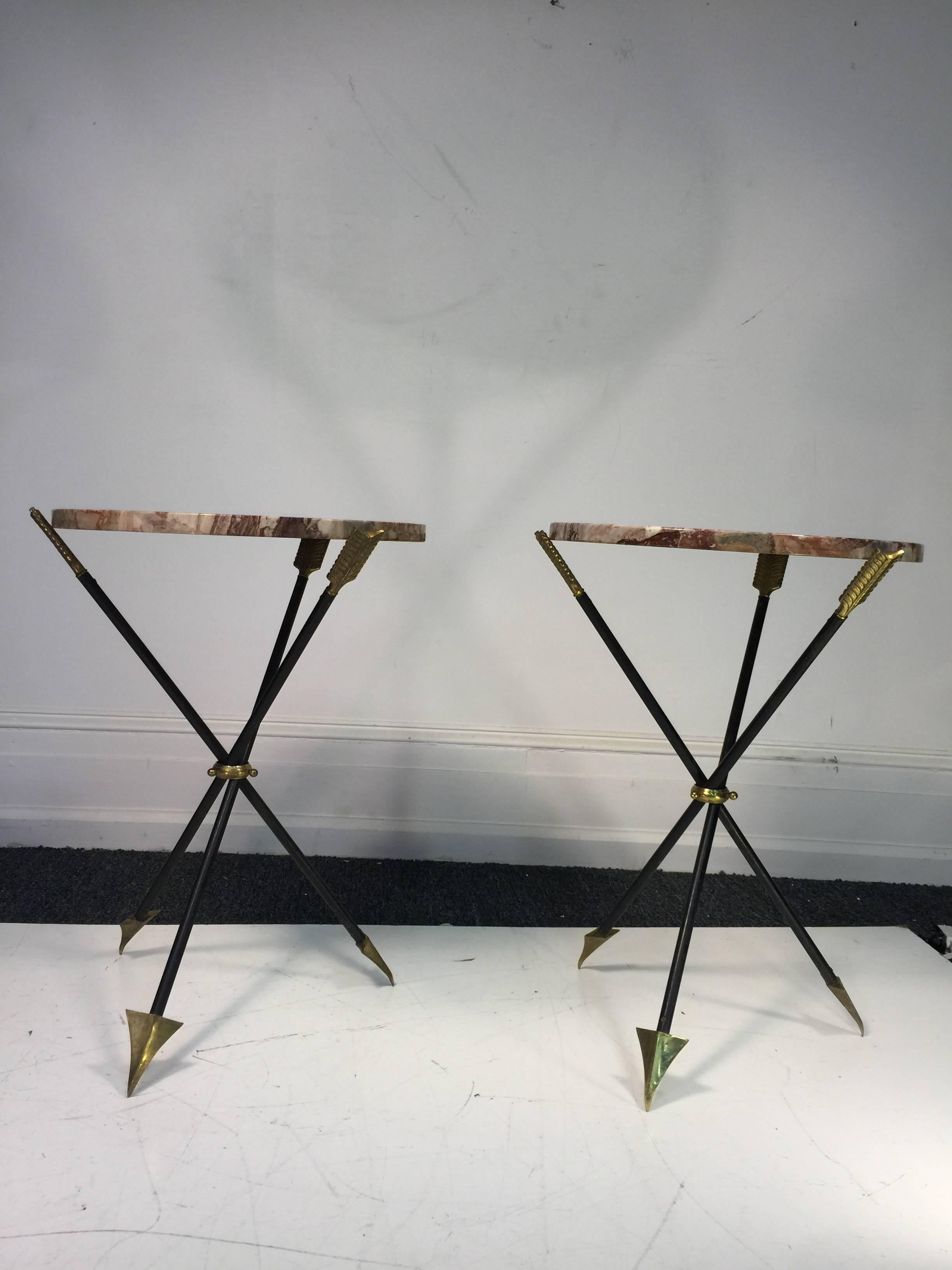 French Exceptional Pair of Brass and Iron Arrow Side Tables Attributed to Maison Jansen For Sale