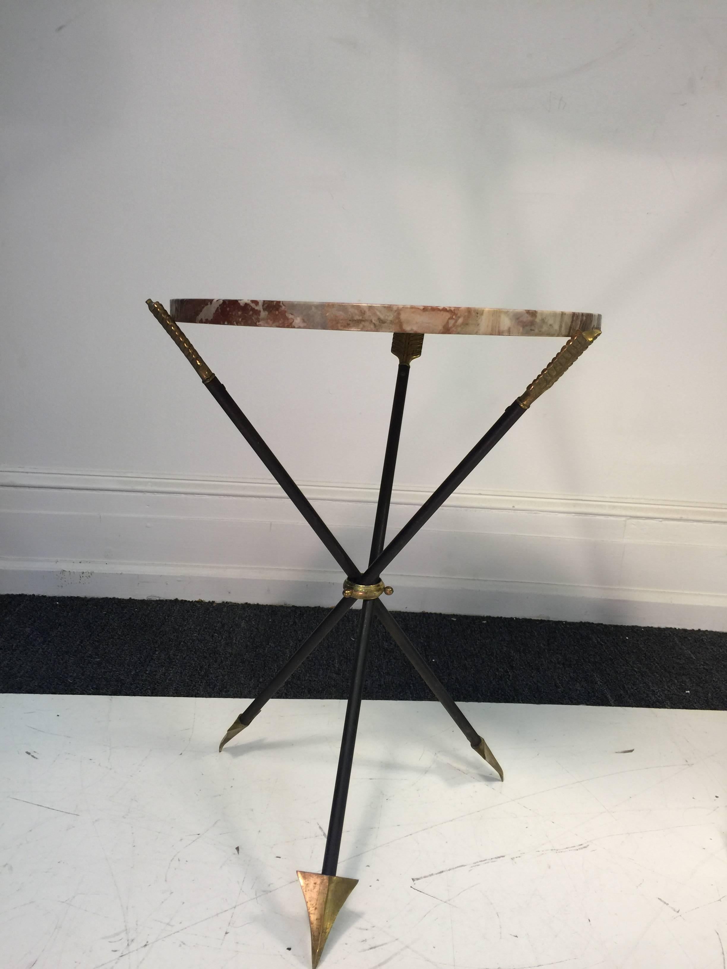 Exceptional Pair of Brass and Iron Arrow Side Tables Attributed to Maison Jansen In Good Condition For Sale In Mount Penn, PA