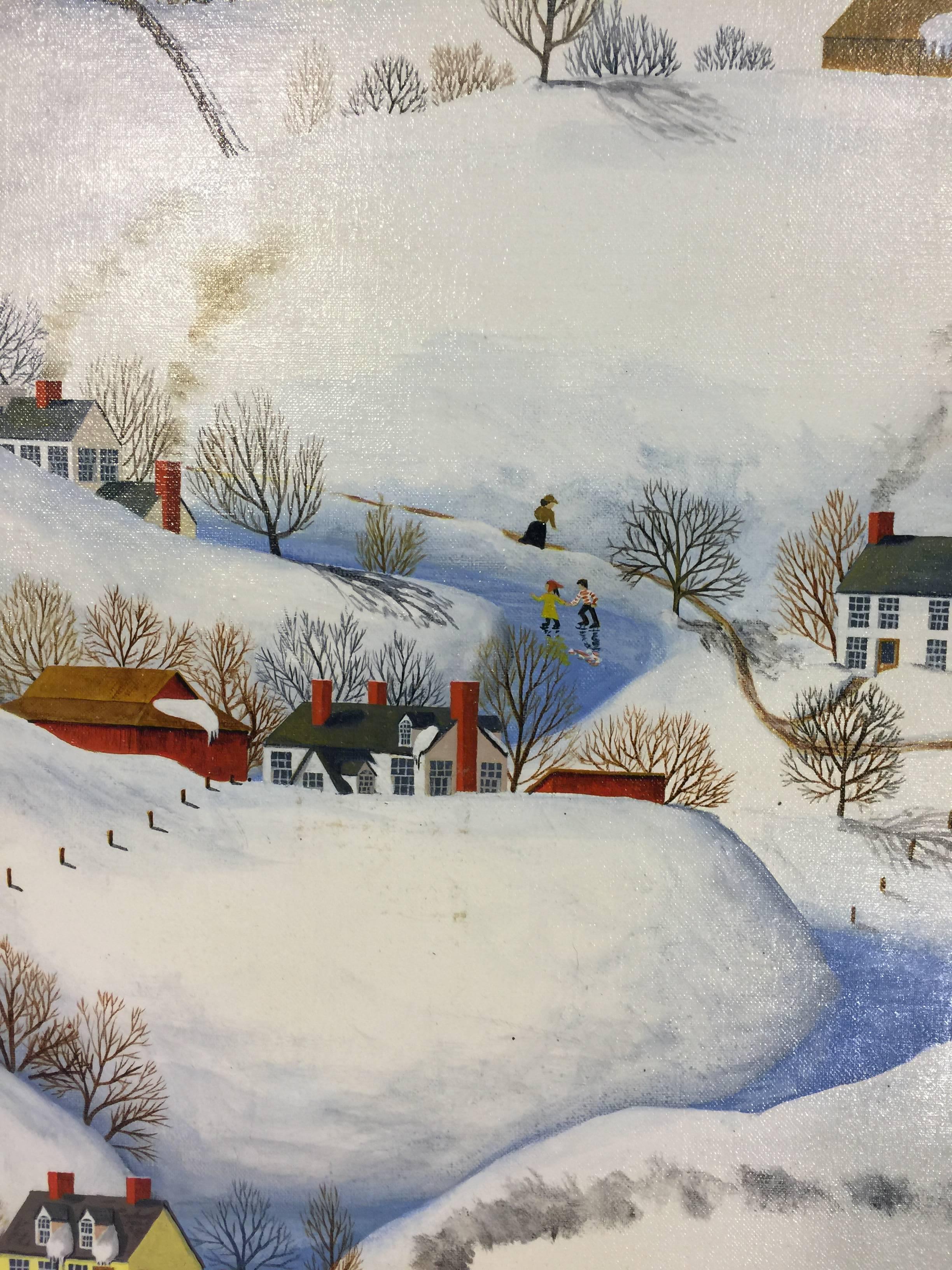 Folk Art Painting of a Snow Scene by American Artist Dewitt Jones Lobrano In Good Condition In Mount Penn, PA