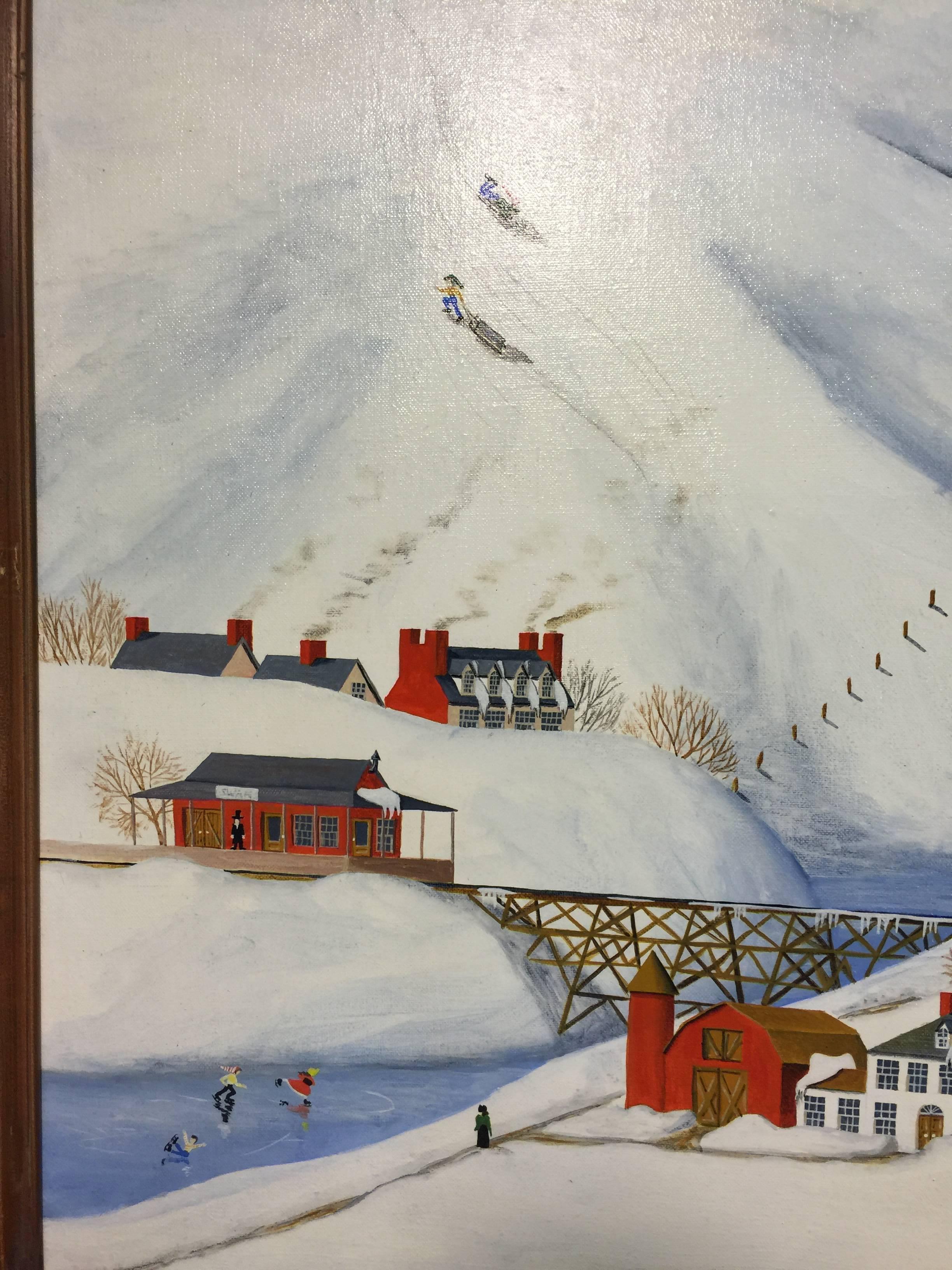 A beautiful Folk Art painting of a snow or winter scene by Louisiana artist Dewitt Jones Lobrano. Signed and dated 1979.