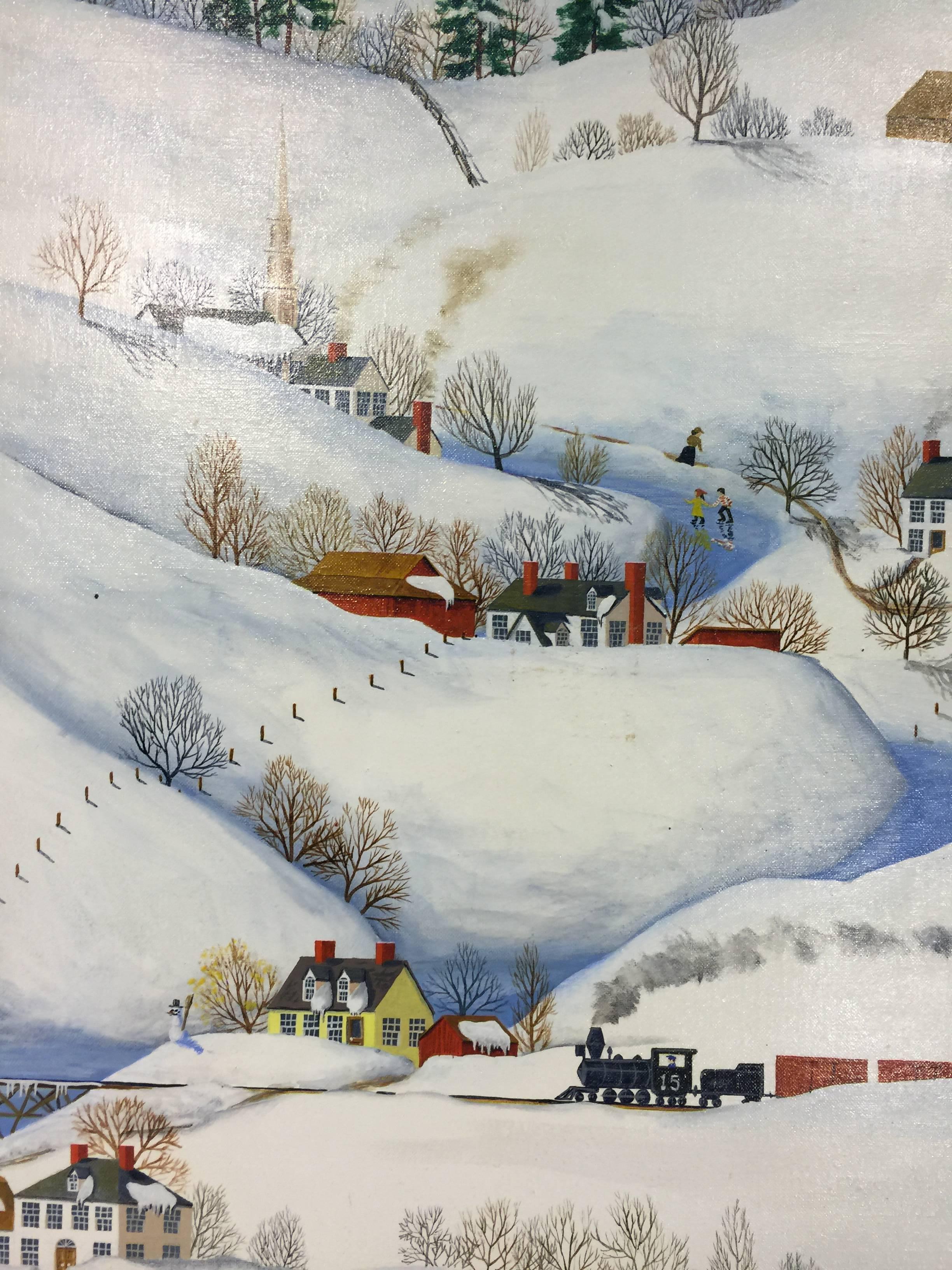 20th Century Folk Art Painting of a Snow Scene by American Artist Dewitt Jones Lobrano
