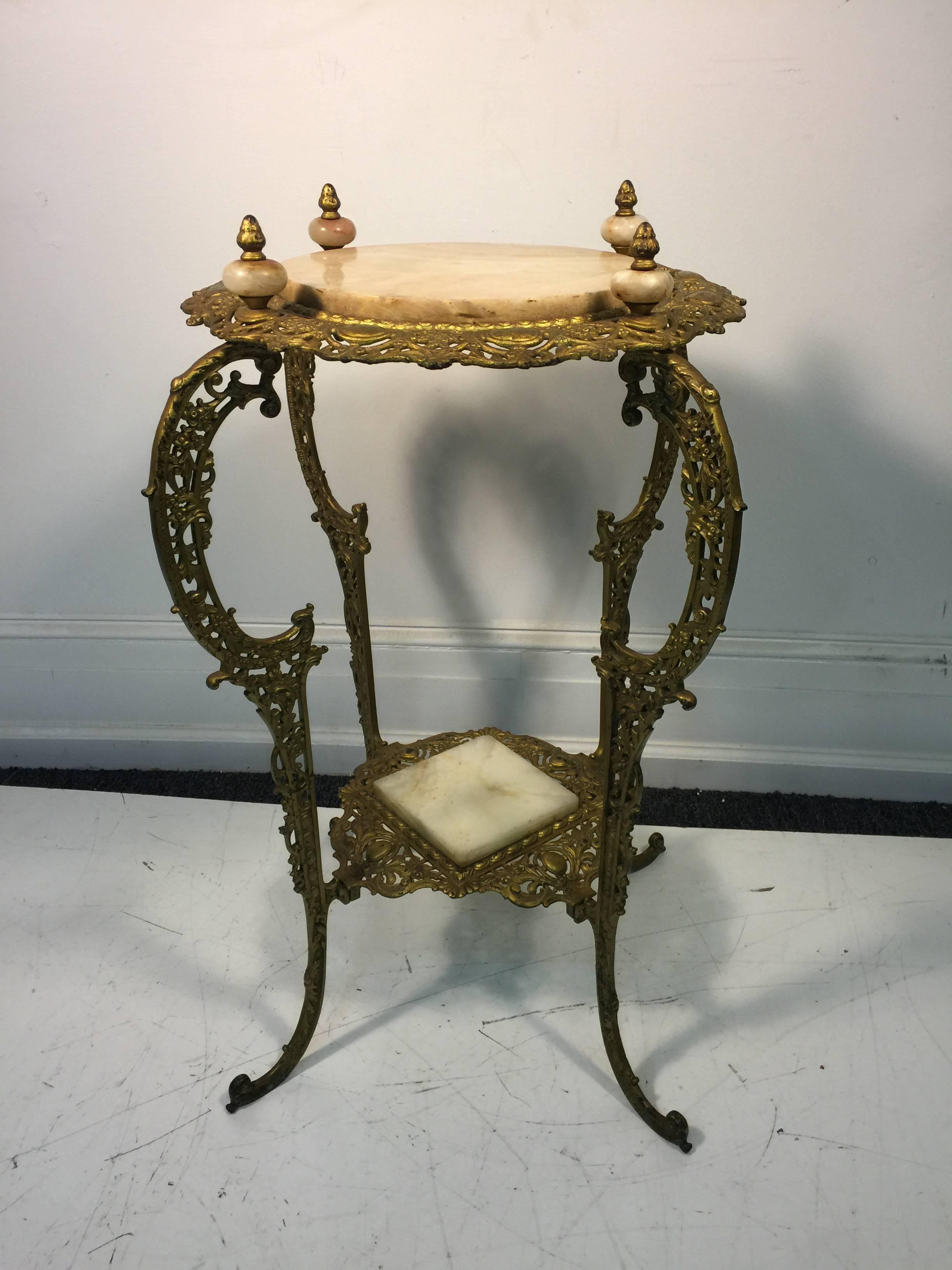Amazing Art Nouveau Two-Tier Onyx and Gilded Iron Plant Stand In Good Condition For Sale In Mount Penn, PA
