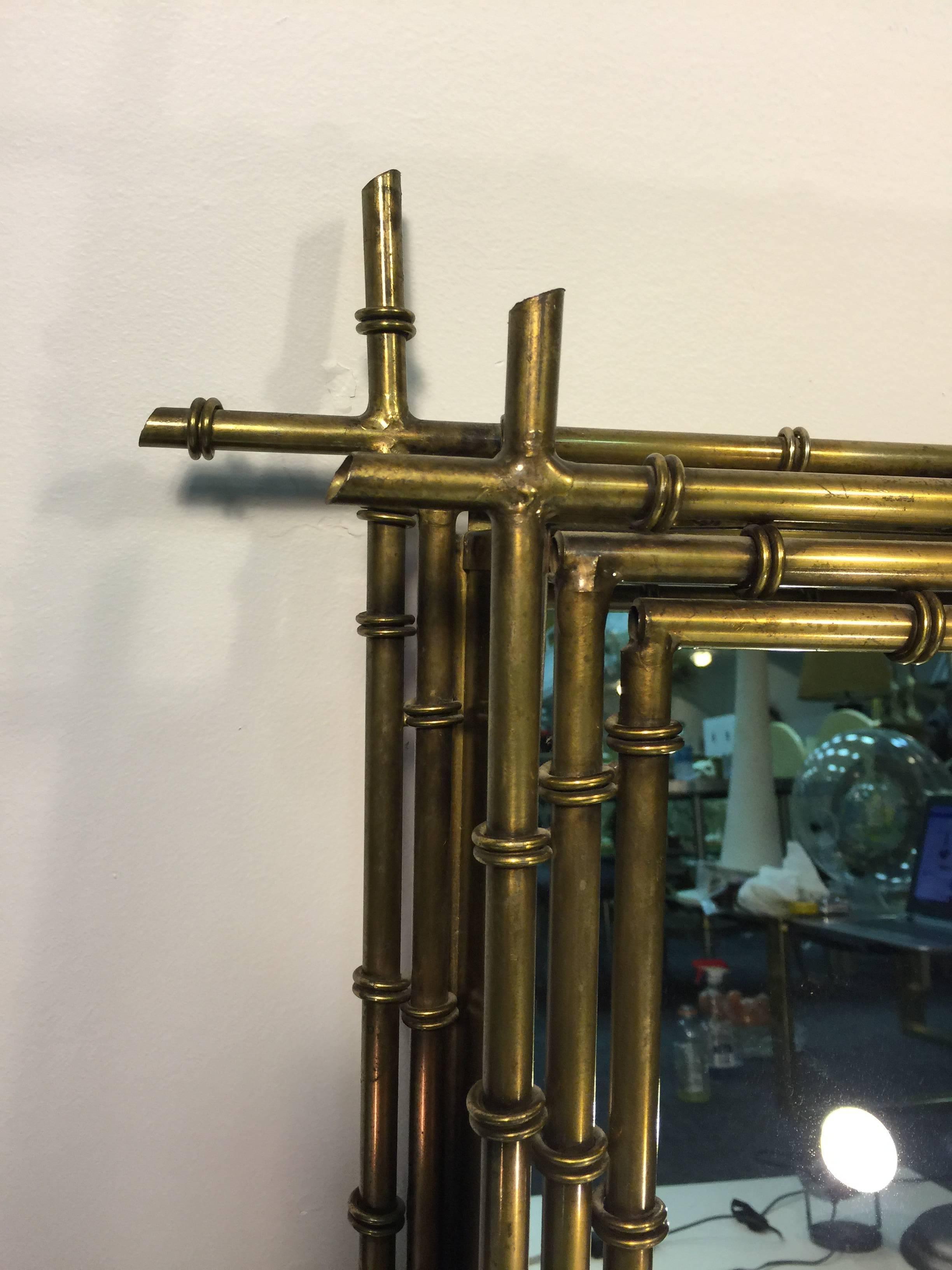 Fantastic Faux Bamboo Modernist Wall Mirror in Brass by Curtis Jere In Excellent Condition For Sale In Mount Penn, PA