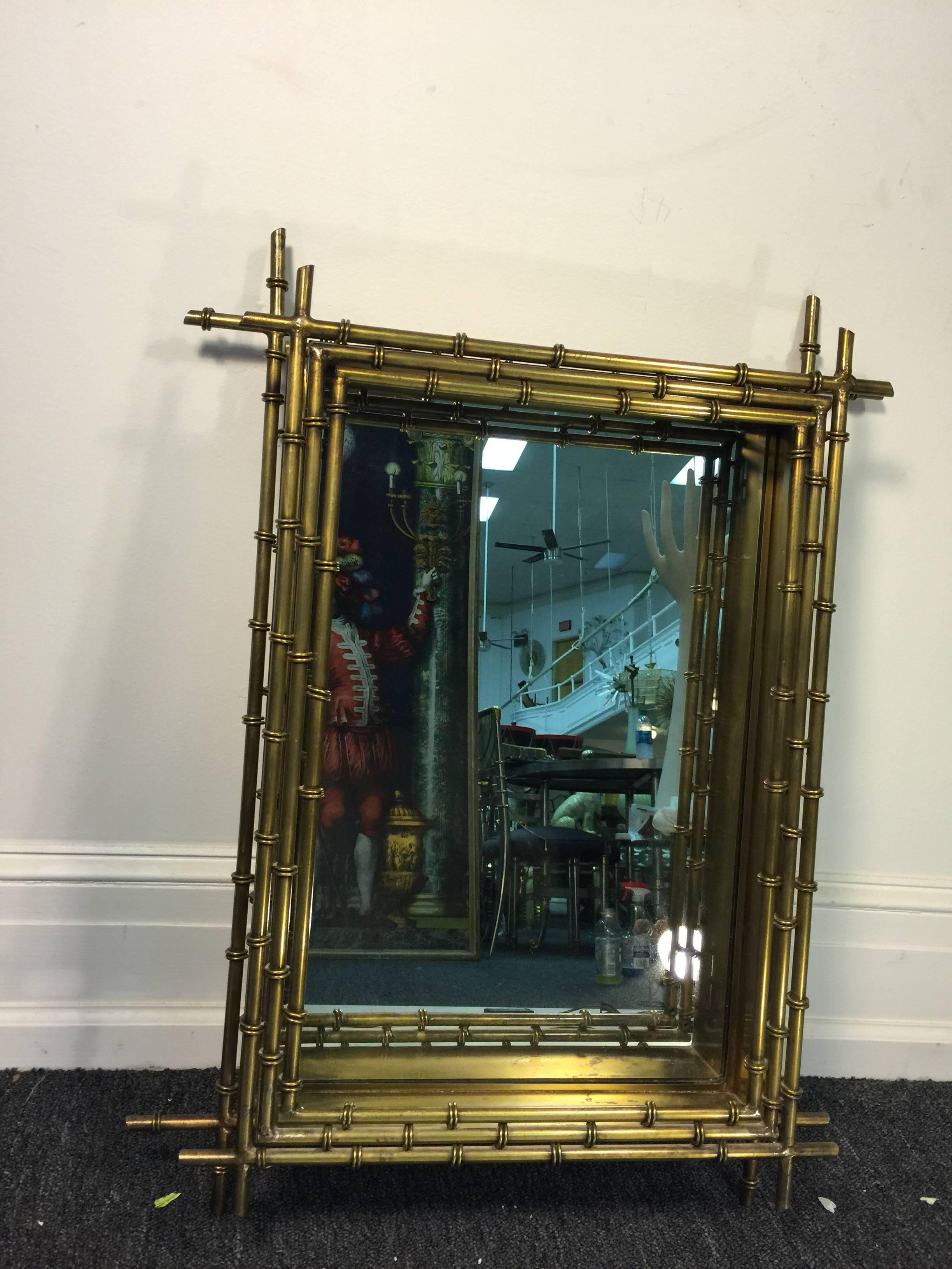 American Fantastic Faux Bamboo Modernist Wall Mirror in Brass by Curtis Jere For Sale