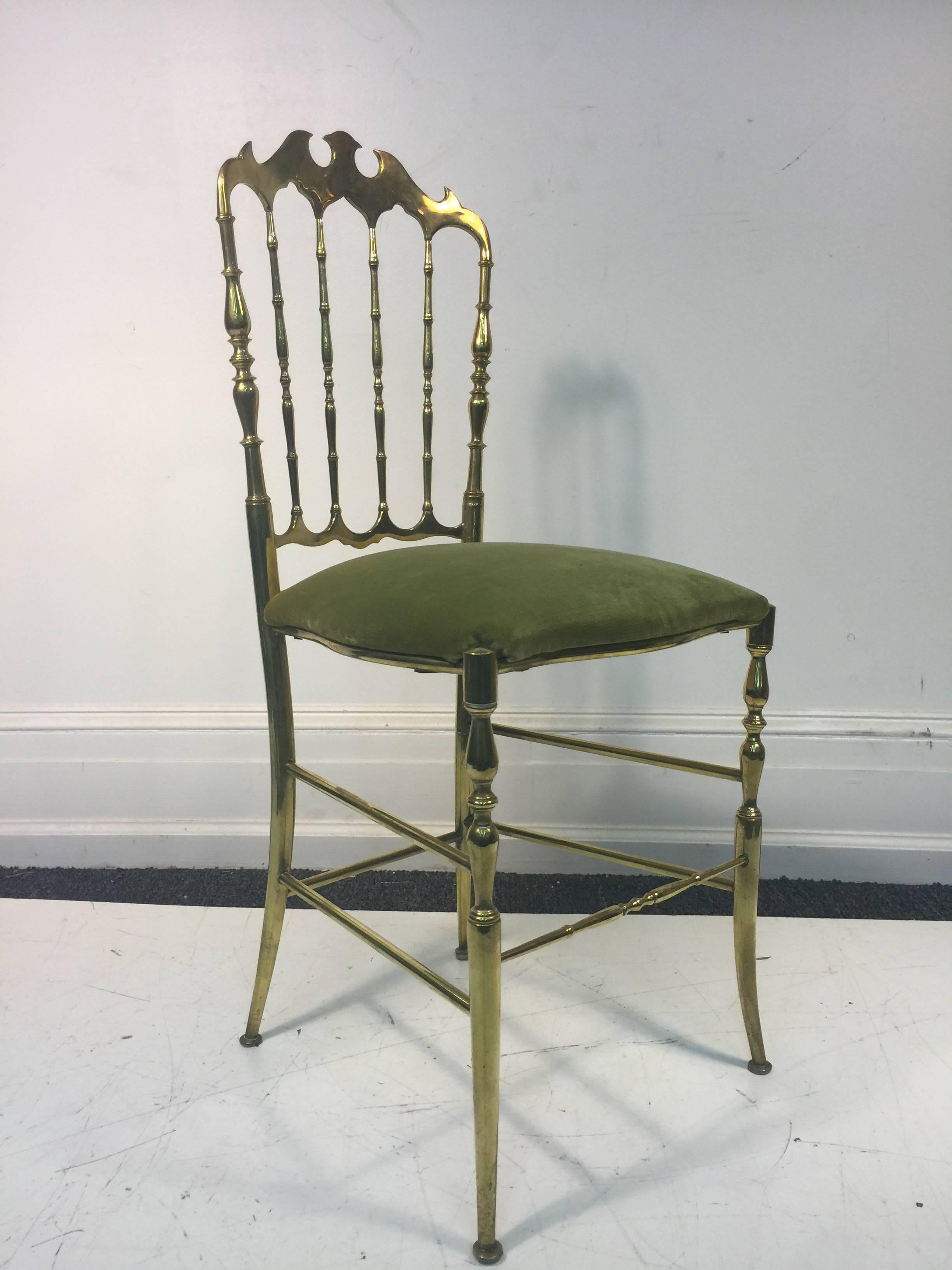 A beautiful, Italian, polished brass Chiavari style side chair with green velvet upholstery, circa 1960. apair with different fabric color
