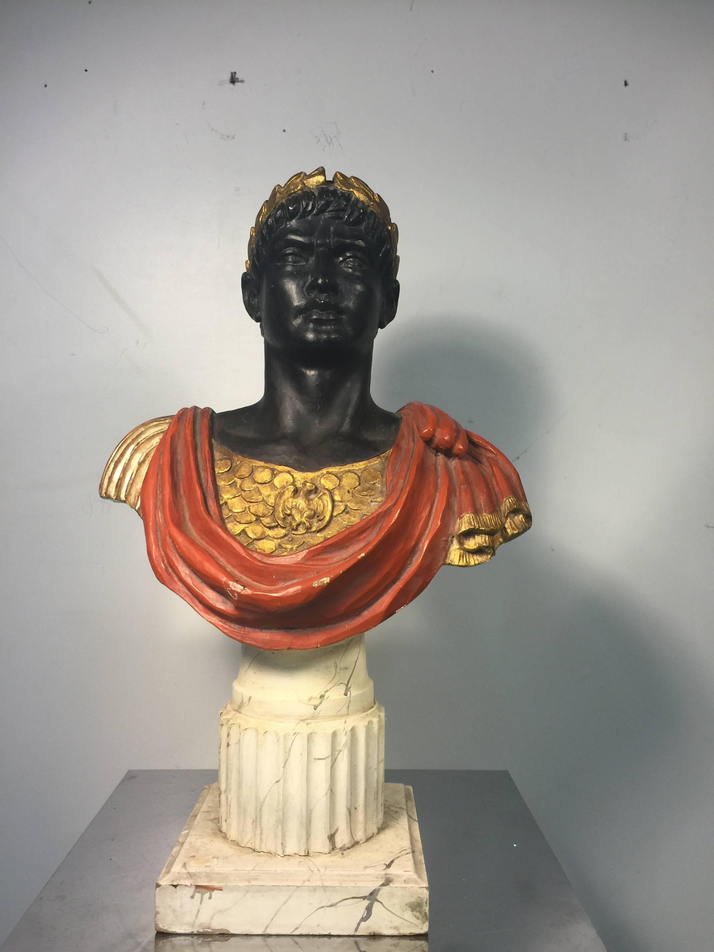 Greco Roman Handsome Hand-Carved and Painted Bust of Julius Caesar