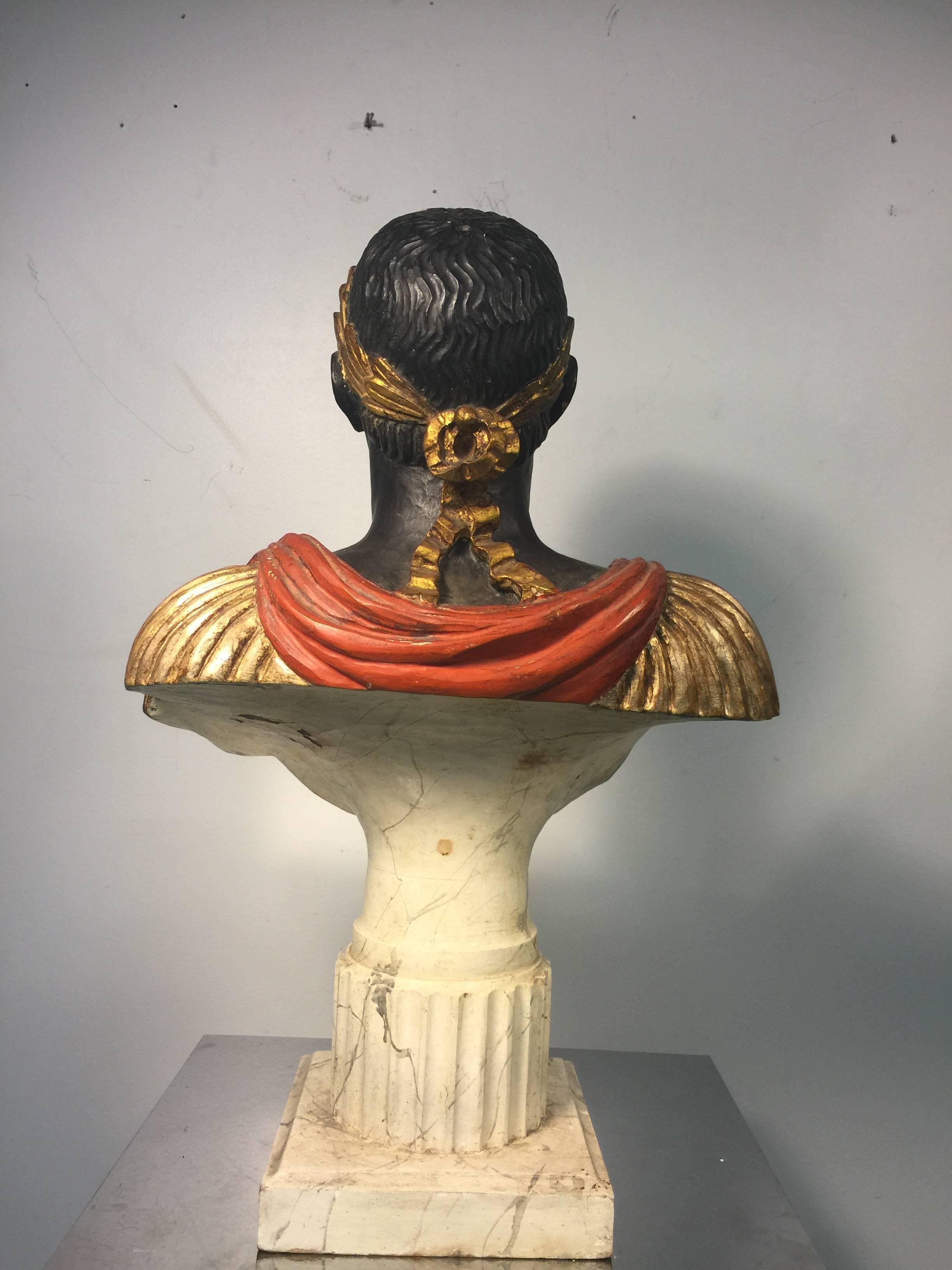 Handsome Hand-Carved and Painted Bust of Julius Caesar 1