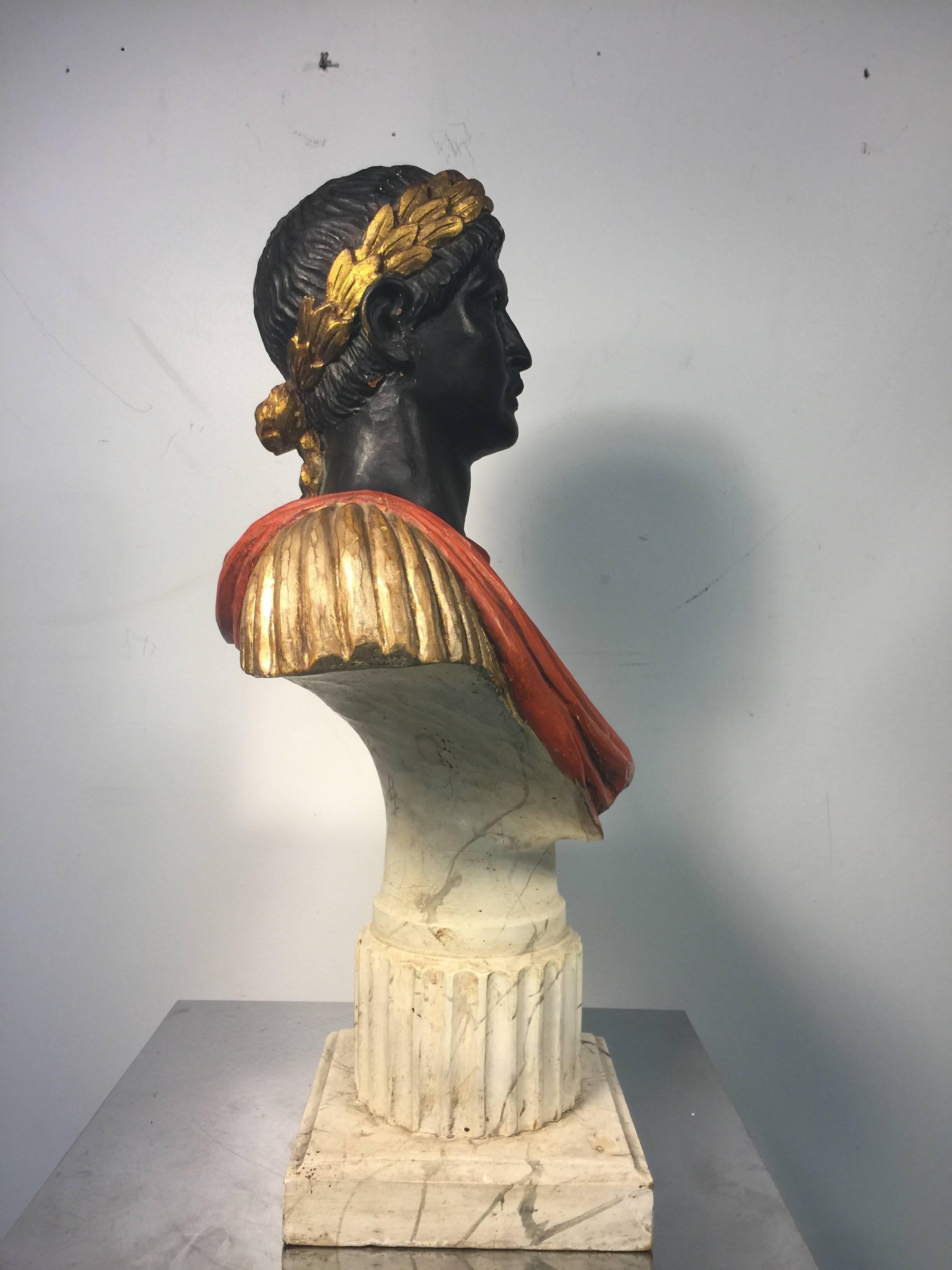 Italian Handsome Hand-Carved and Painted Bust of Julius Caesar