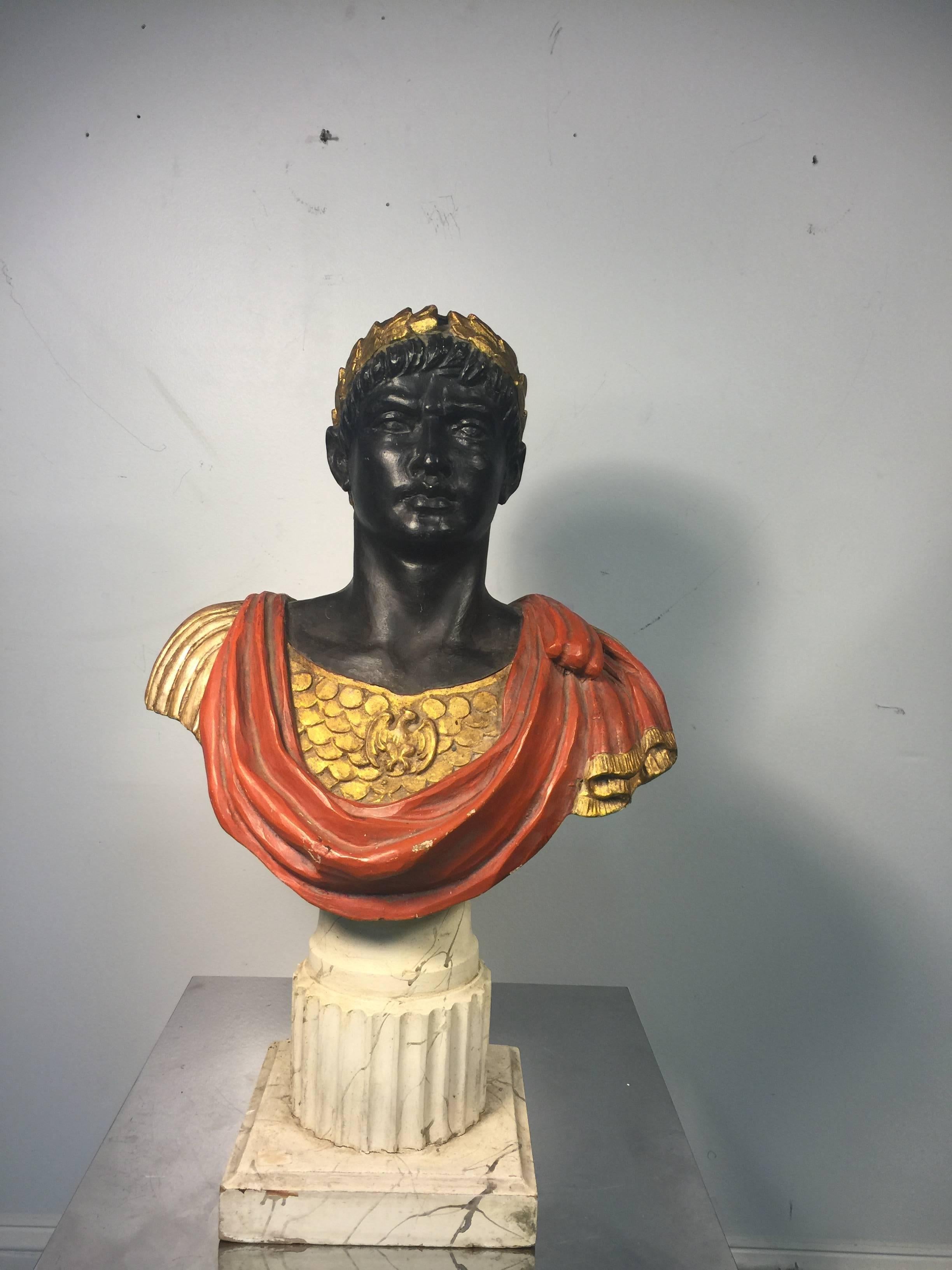 20th Century Handsome Hand-Carved and Painted Bust of Julius Caesar