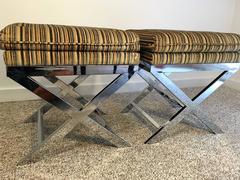 Striking Pair of Modernist Italian Chrome X-Base Benches