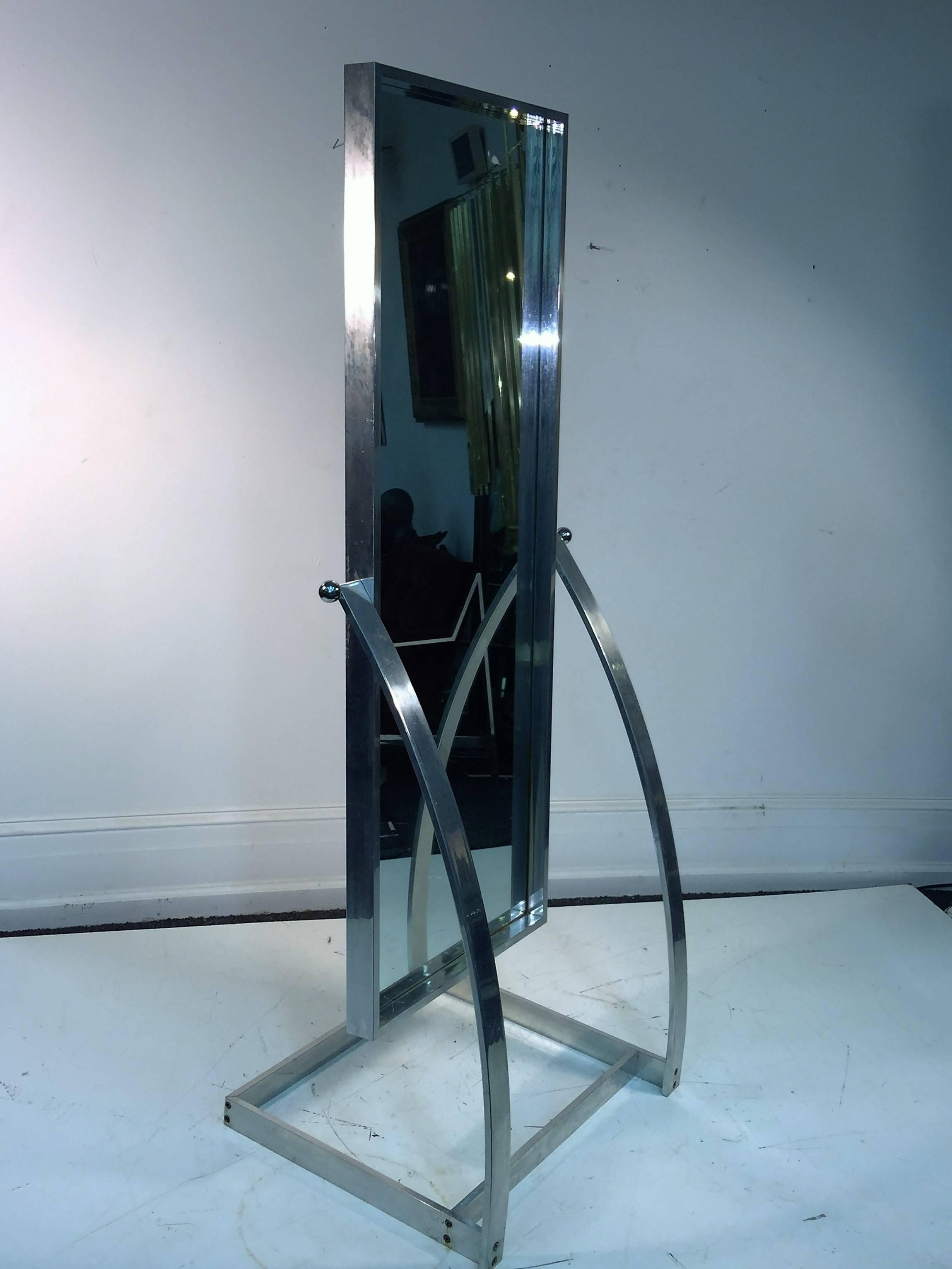 Great design aluminum frame with chromed ball accents full length adjustable angle mirror. Versatile mirror that can be used on either side of the angular design base. Designed by modern designer Milo Baughman in the 1970s. This is a great mirror