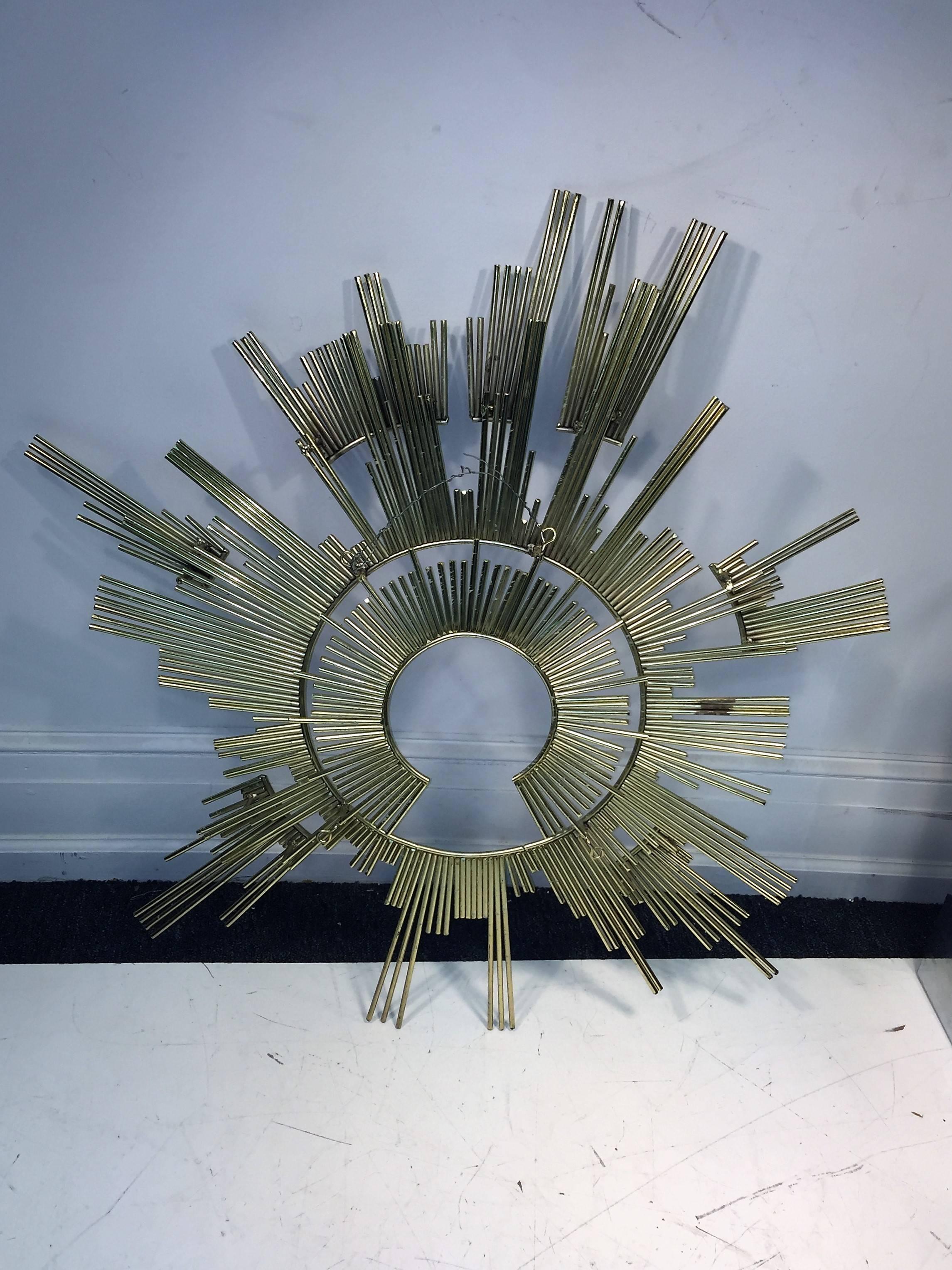 Signed Curtis Jere Oxidized Goldtone Sunburst Wall Sculpture In Excellent Condition For Sale In Mount Penn, PA