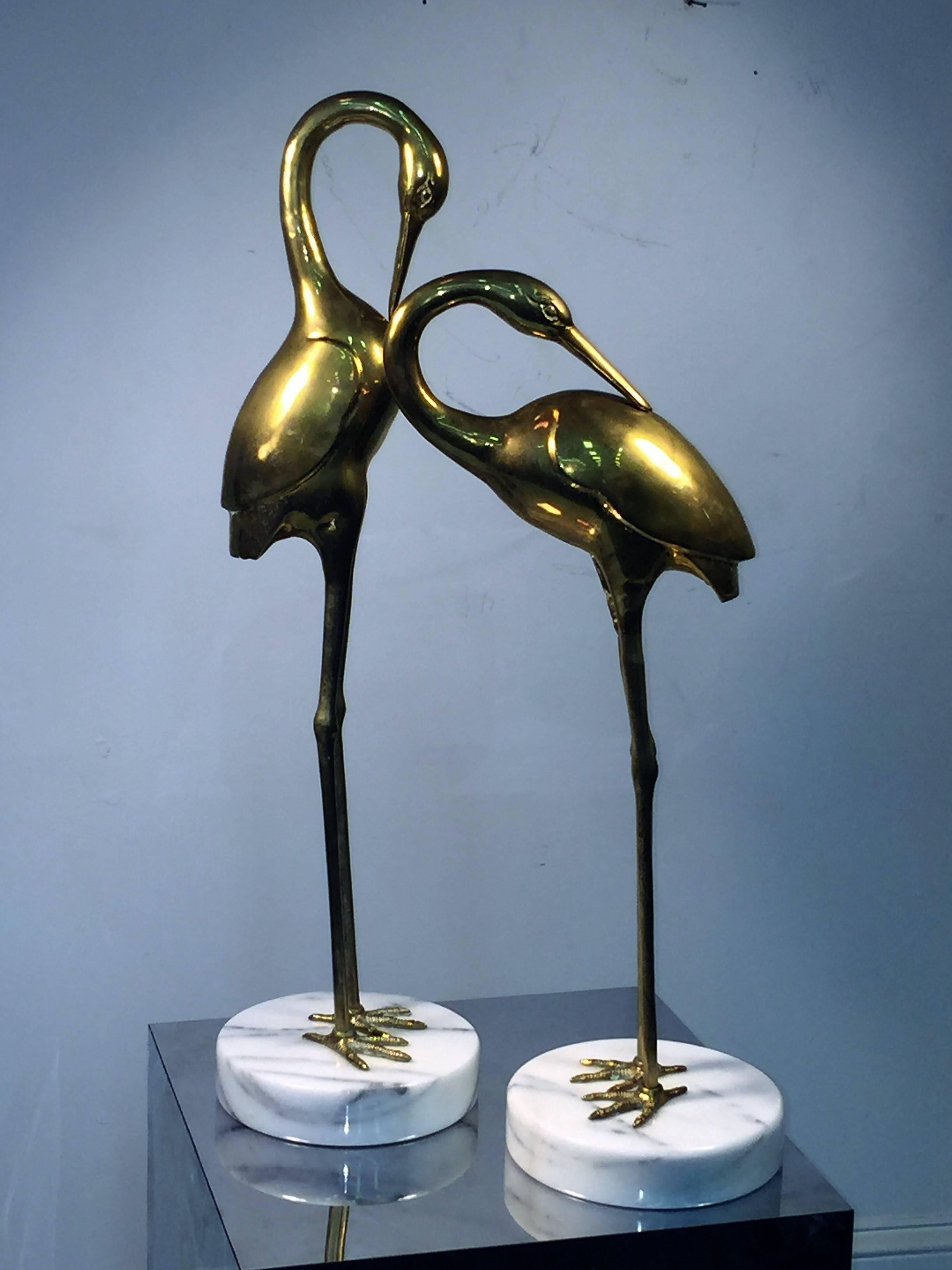 A great pair of polished brass birds on white and black veined round marble
bases. The taller bird measures at 30