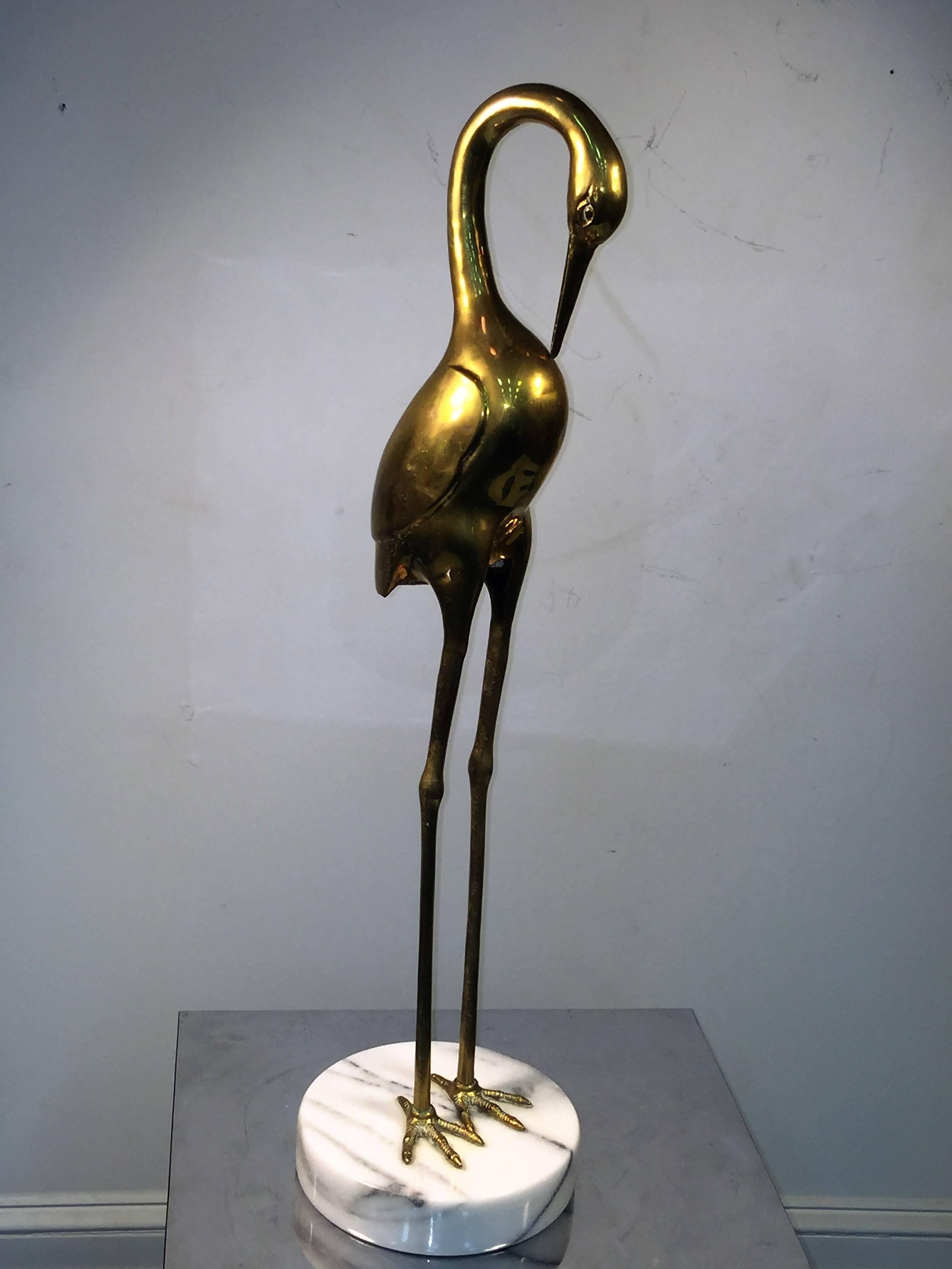 Modern Exceptional Pair of Italian Brass Birds on Round Marble Bases For Sale