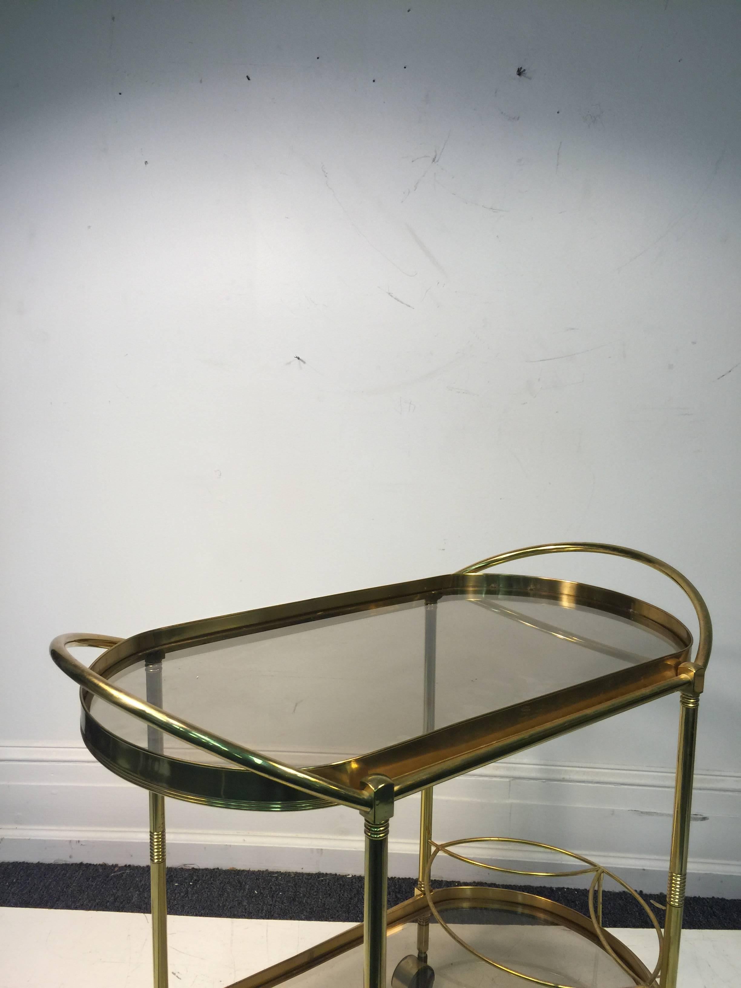 Mid-Century Modern Sensational Oval Shaped Two-Tier Brass Italian Tea or Bar Cart For Sale
