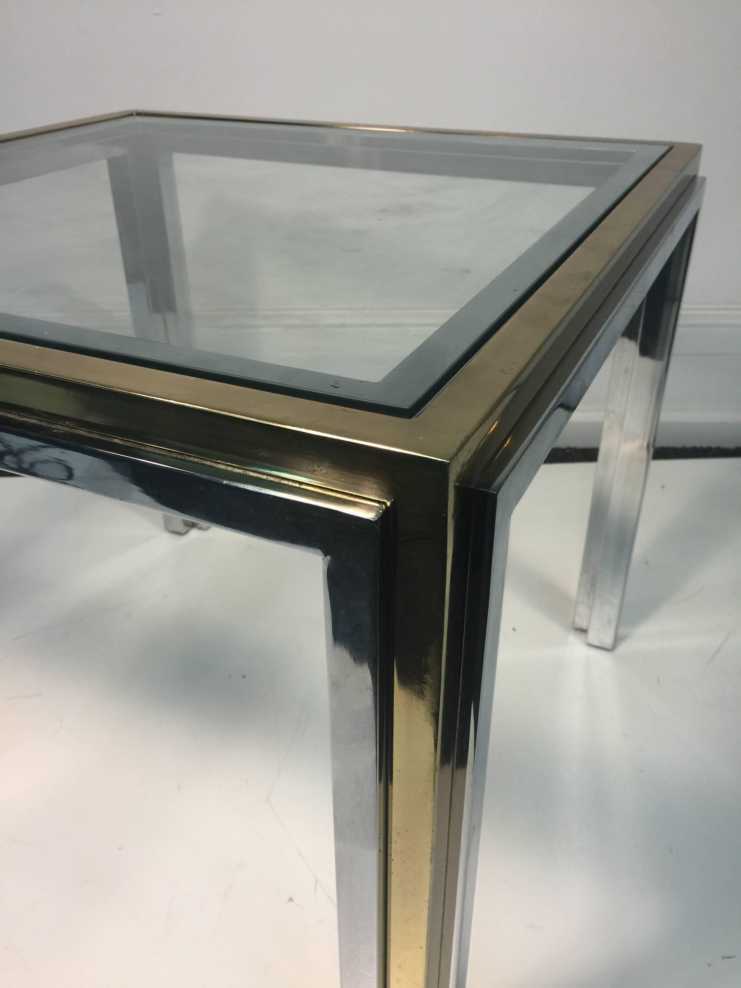 American Exceptional Pair of End or Side Tables in Chromee and Brass 